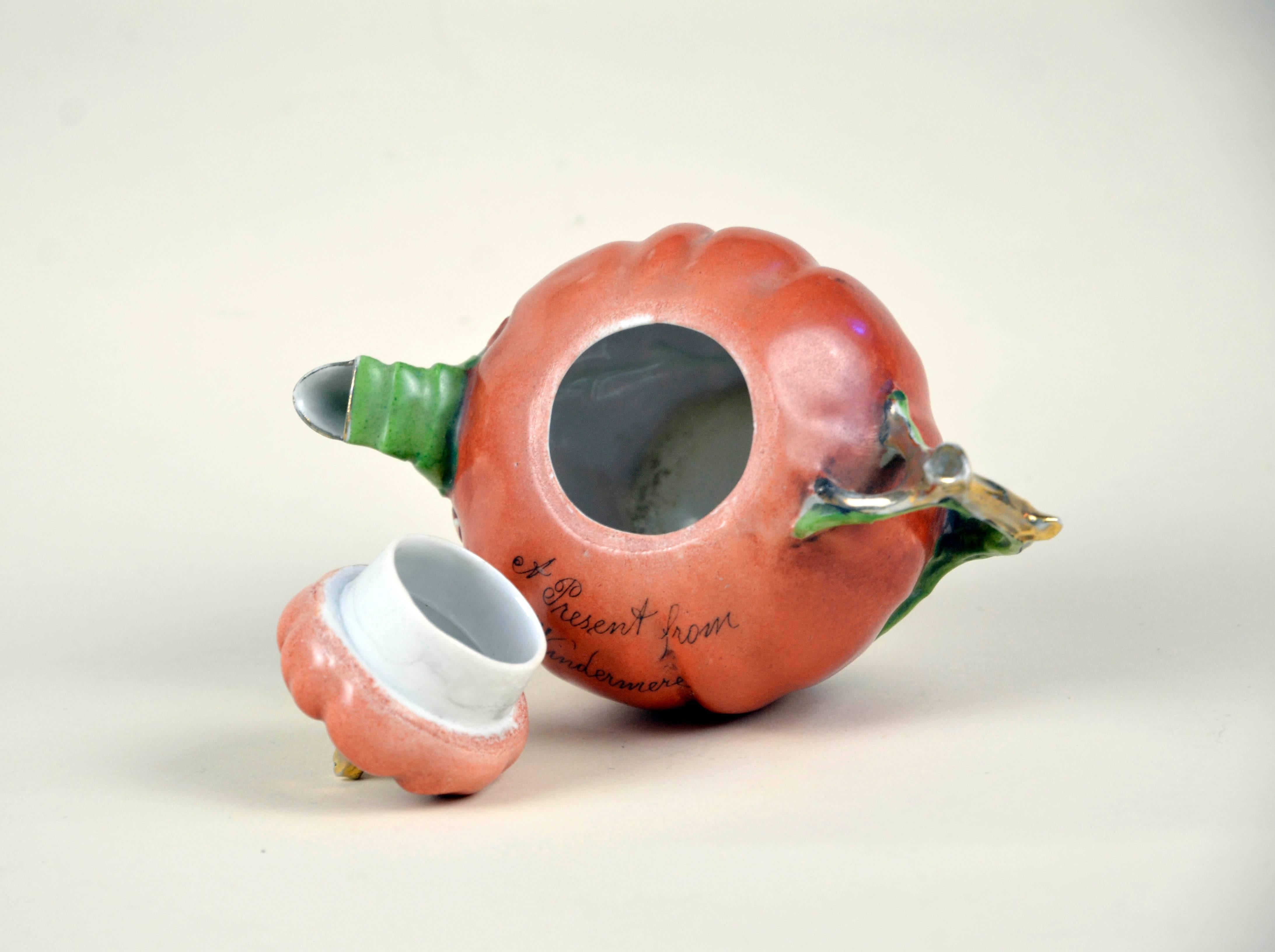 1900s Edwardian Porcelain Pumpkin Shaped Souvenir Teapot Made in England 2
