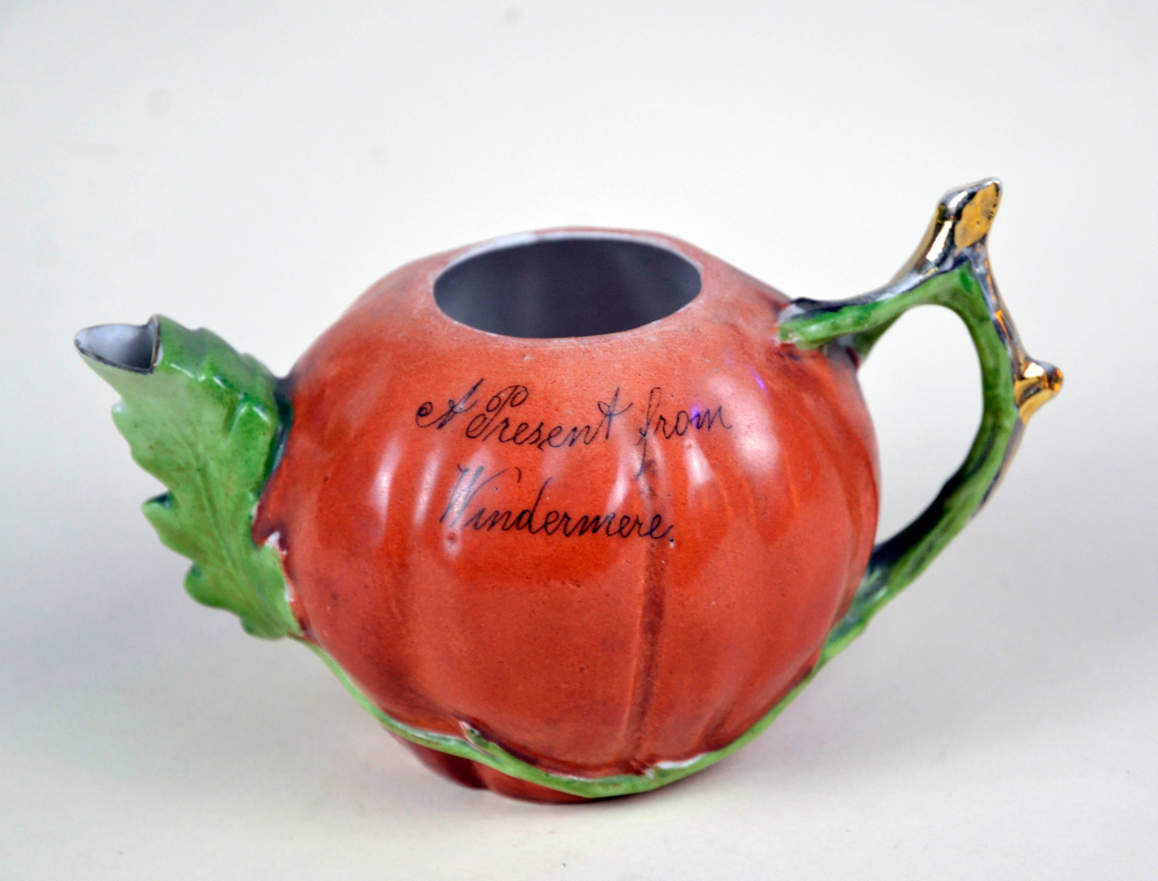 1900s Edwardian Porcelain Pumpkin Shaped Souvenir Teapot Made in England 3