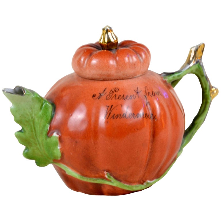 1900s Edwardian Porcelain Pumpkin Shaped Souvenir Teapot Made in