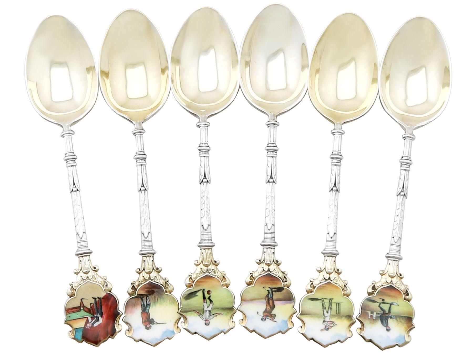 An exceptional, fine and impressive set of six antique Edwardian English sterling silver and enamel spoons; an addition to our silver teaware collection

These exceptional antique Edwardian English sterling silver spoons have a plain rounded