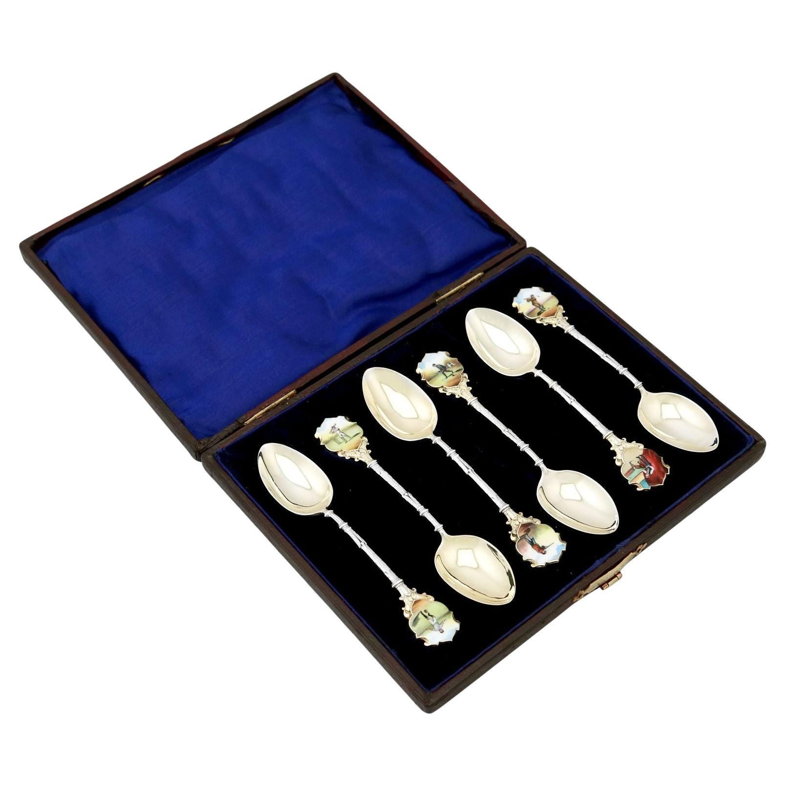 1900s, Edwardian Sterling Silver and Enamel Spoons