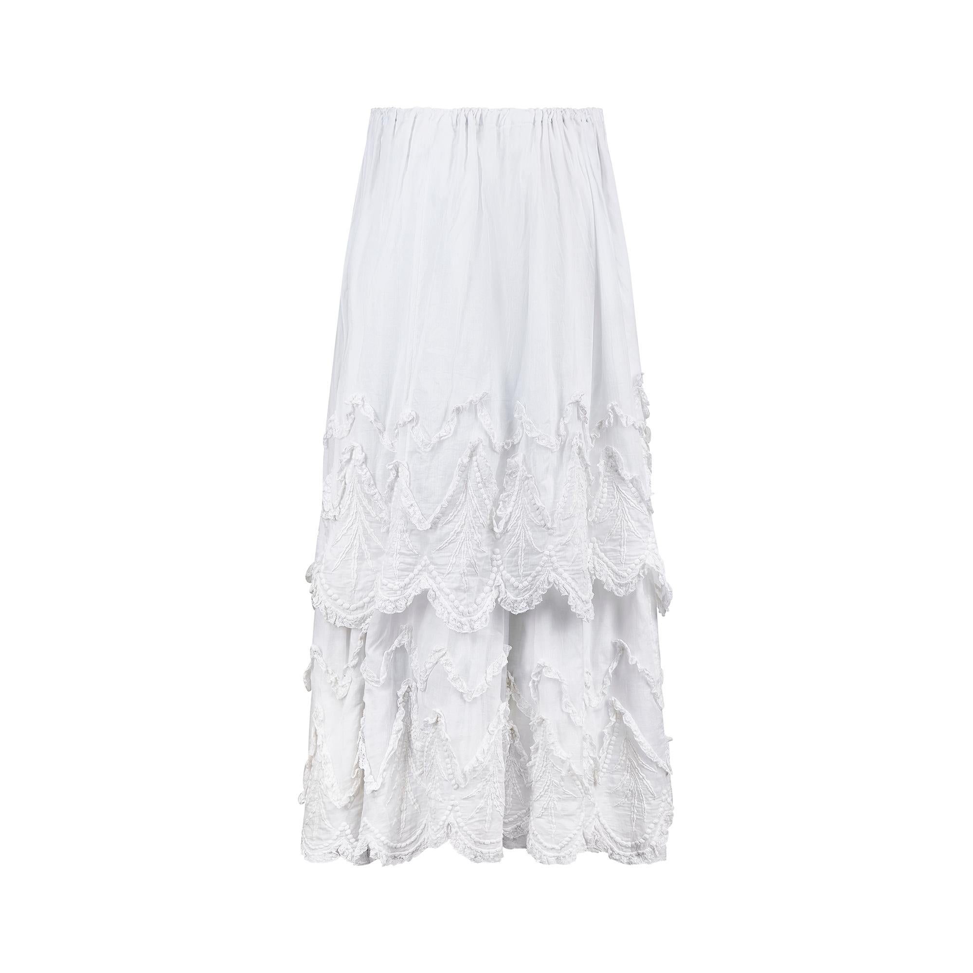 Gray 1900s Edwardian White Tiered Cotton and Lace Maxi Skirt For Sale