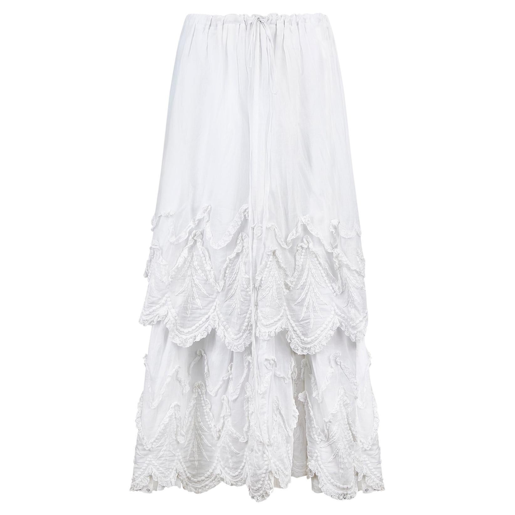 1900s Edwardian White Tiered Cotton and Lace Maxi Skirt For Sale