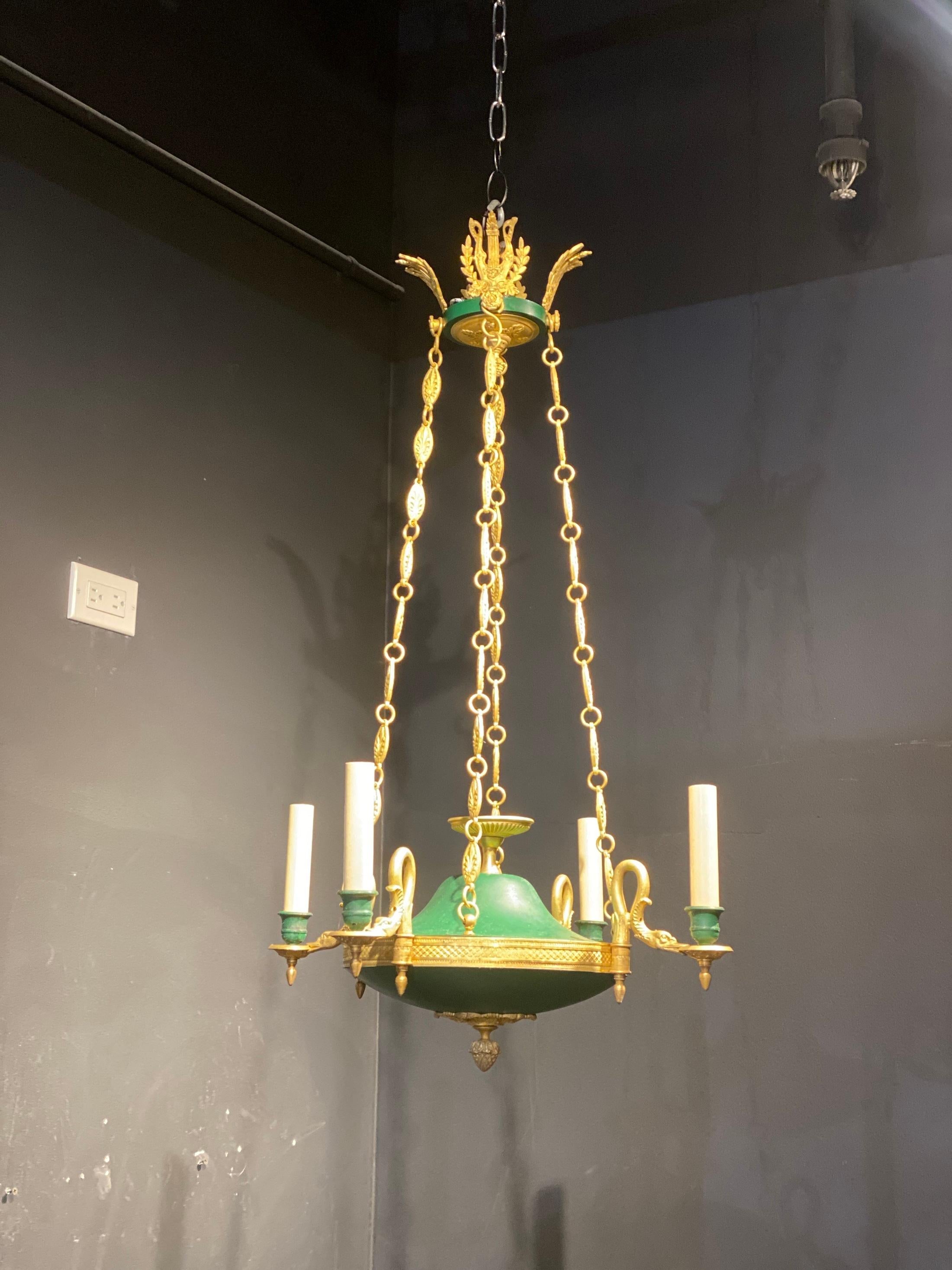 A circa 1900’s gilt bronze with painted tile Empire style chandelier with swans heads 