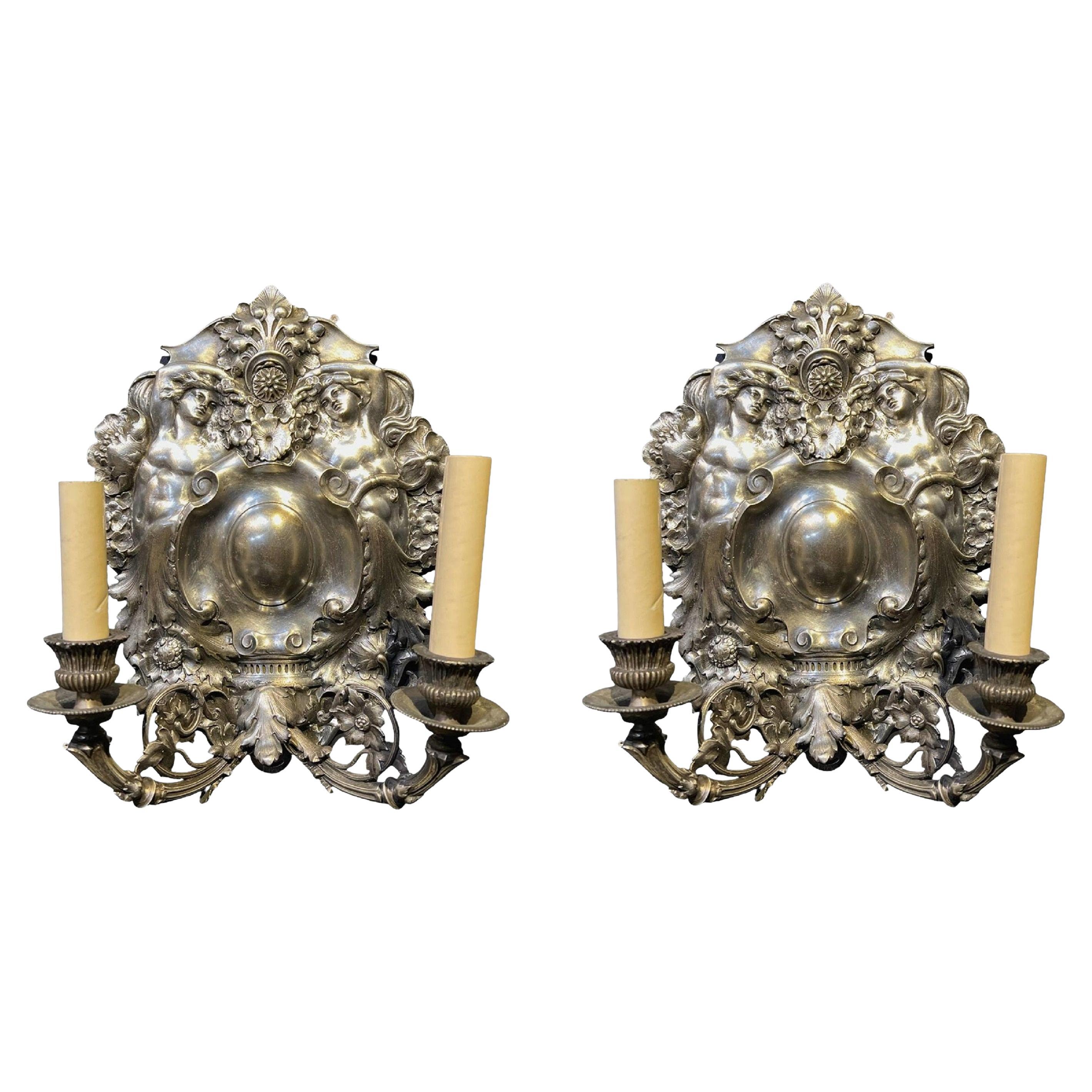 1900's English Baroco Silver Plated Sconces For Sale