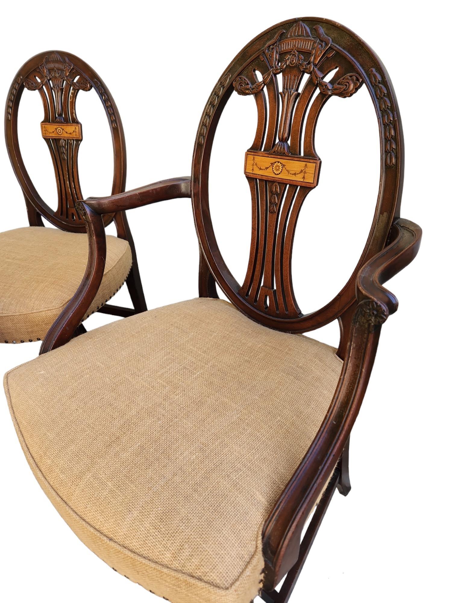 1900s English Carved & Inlaid Dining Chairs, Group of 8 In Good Condition For Sale In Los Angeles, CA