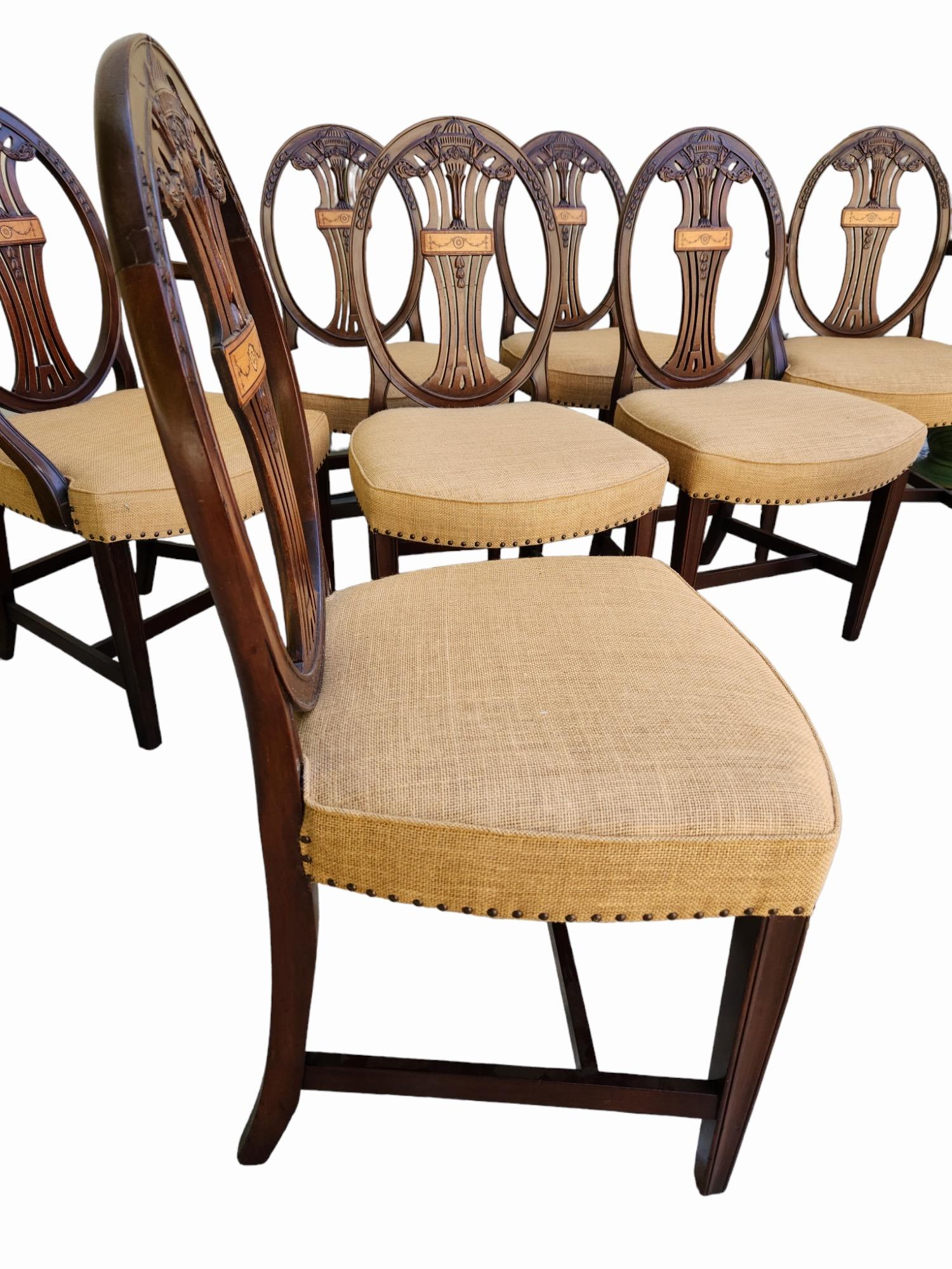 Upholstery 1900s English Carved & Inlaid Dining Chairs, Group of 8 For Sale