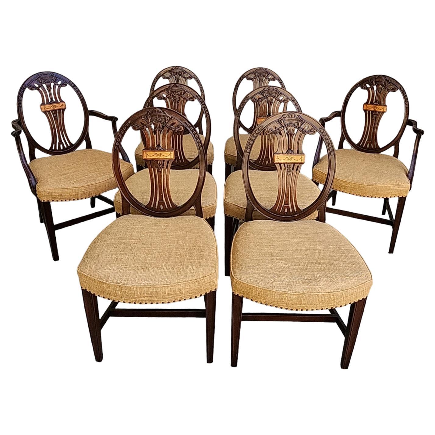 1900s English Carved & Inlaid Dining Chairs, Group of 8