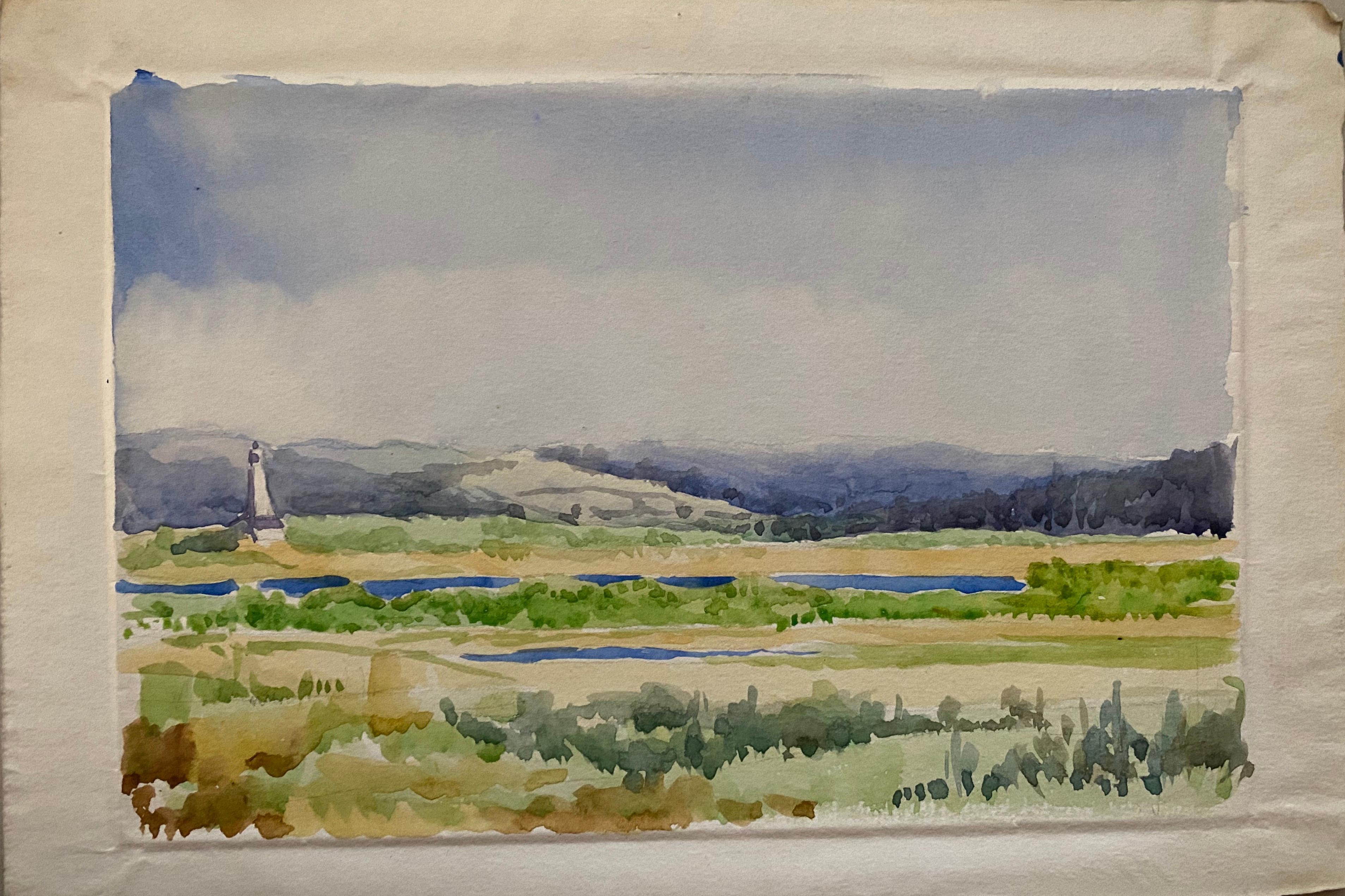 Green and blue meadows.
English school, early 1900's.
Original watercolor painting on artists paper, unframed.
Overall paper size: 7.5 x 11 inches.




From a large private collection of English watercolor paintings, all by the same hand, we