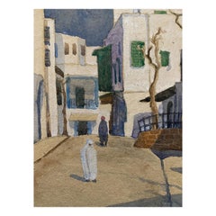 Antique 1900's English Impressionist Watercolor Painting Figures Middle Eastern Town