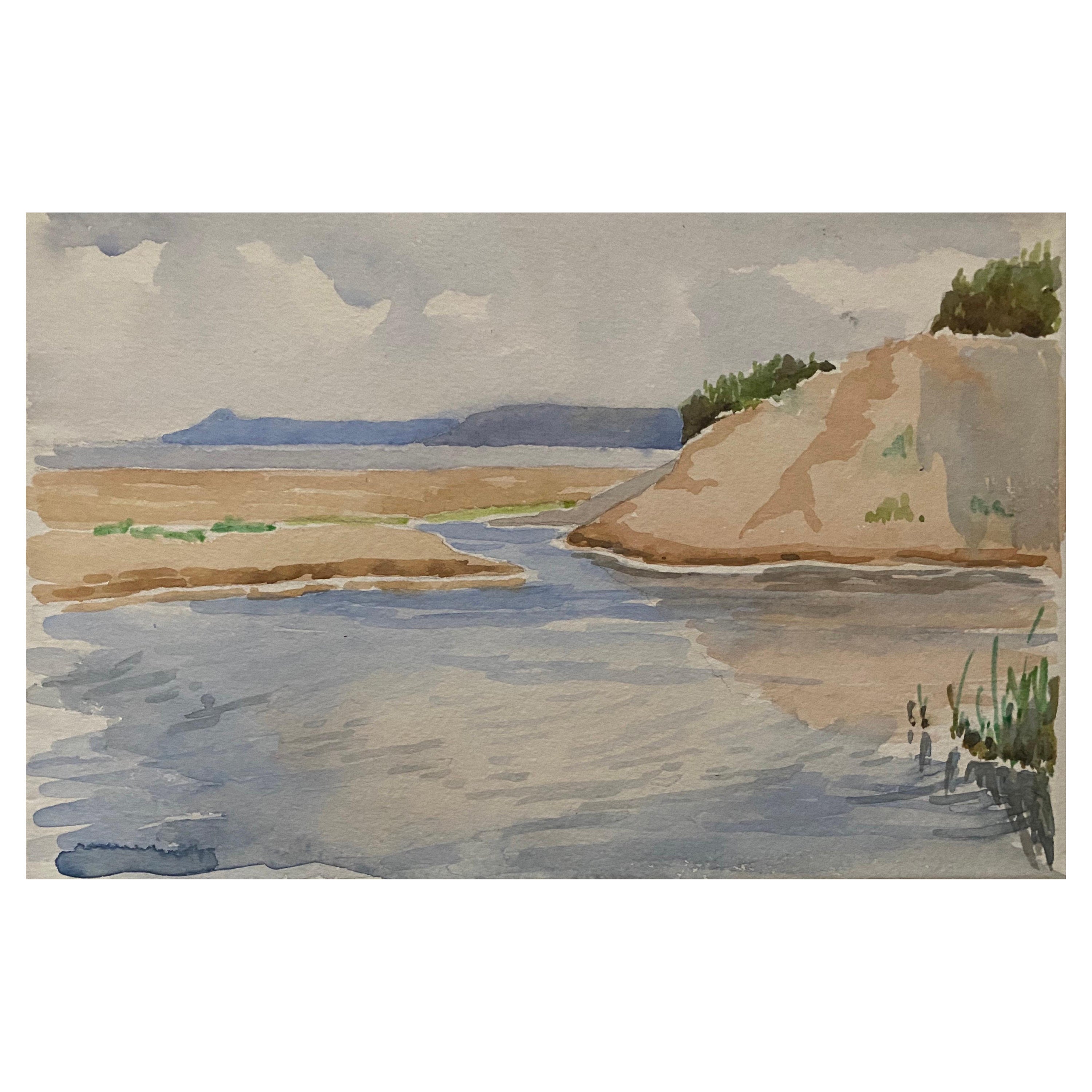 Peinture à l'eau impressionniste anglaise des années 1900 Paysage marin bleu et crème