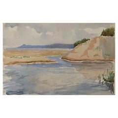 Peinture à l'eau impressionniste anglaise des années 1900 Paysage marin bleu et crème