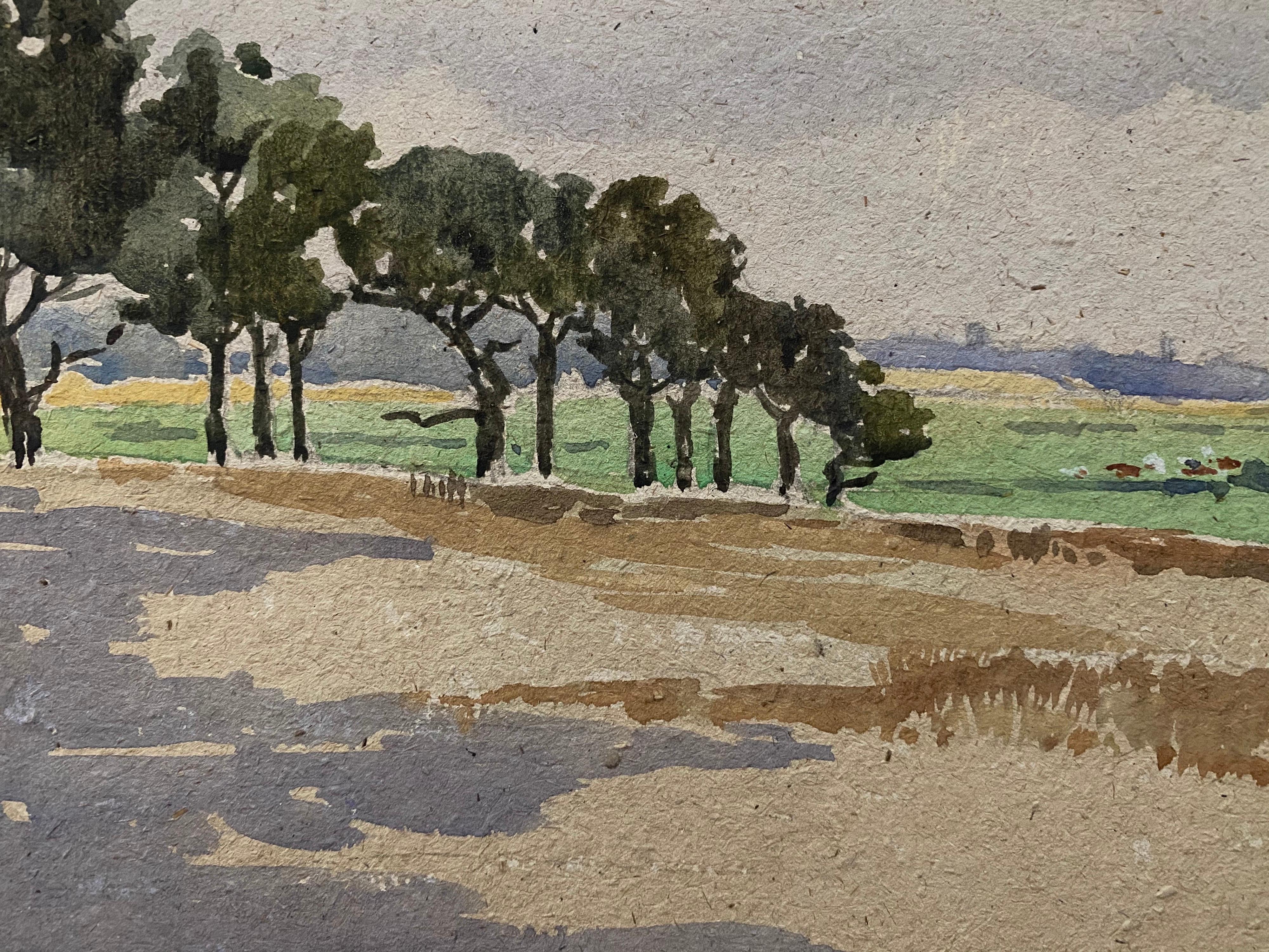 1900's English Impressionist Watercolor Painting Green View Field In Good Condition For Sale In Cirencester, GB