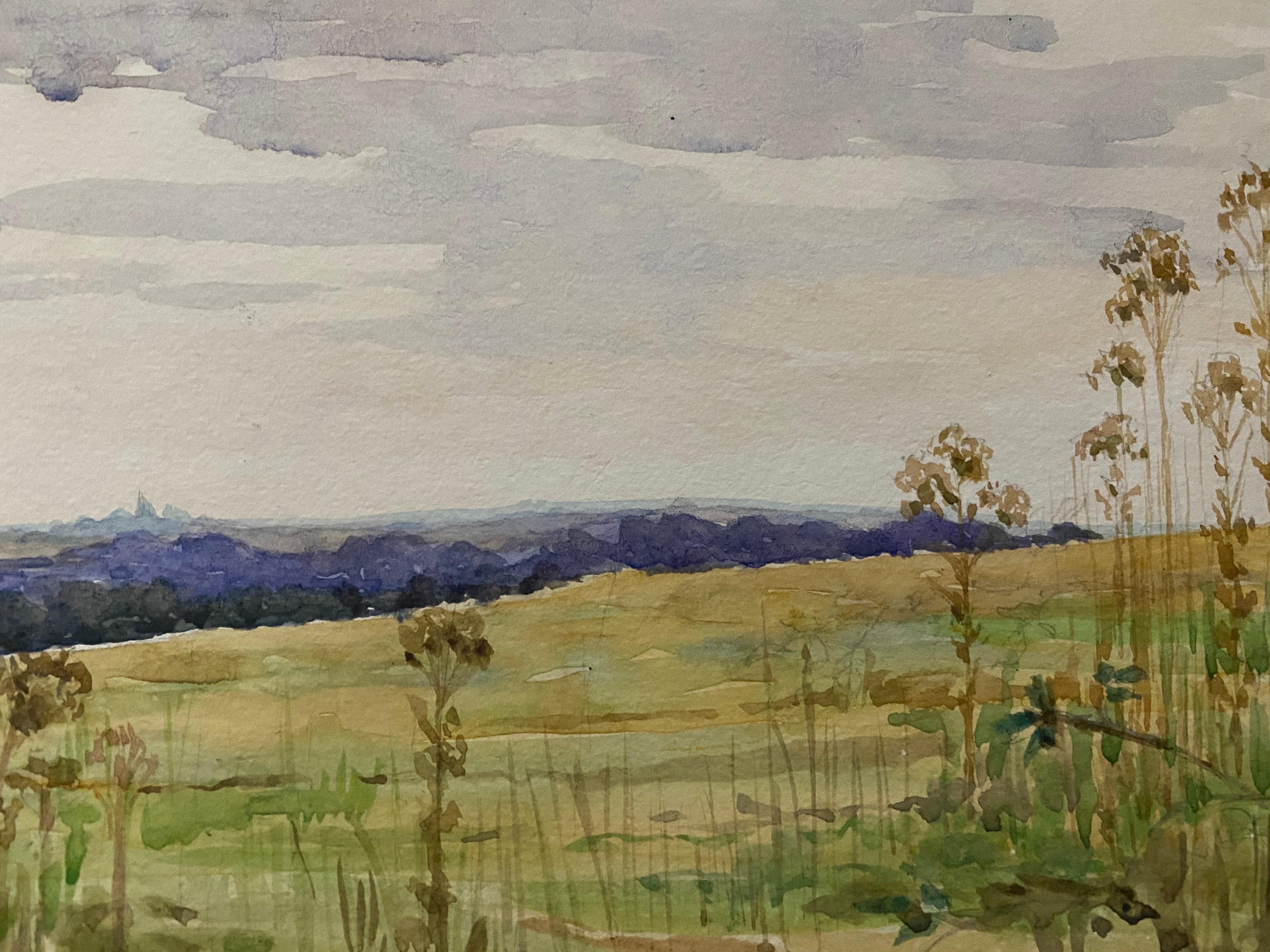 1900's English Impressionist Watercolor Painting Quiet Open Crop Fields In Good Condition For Sale In Cirencester, GB