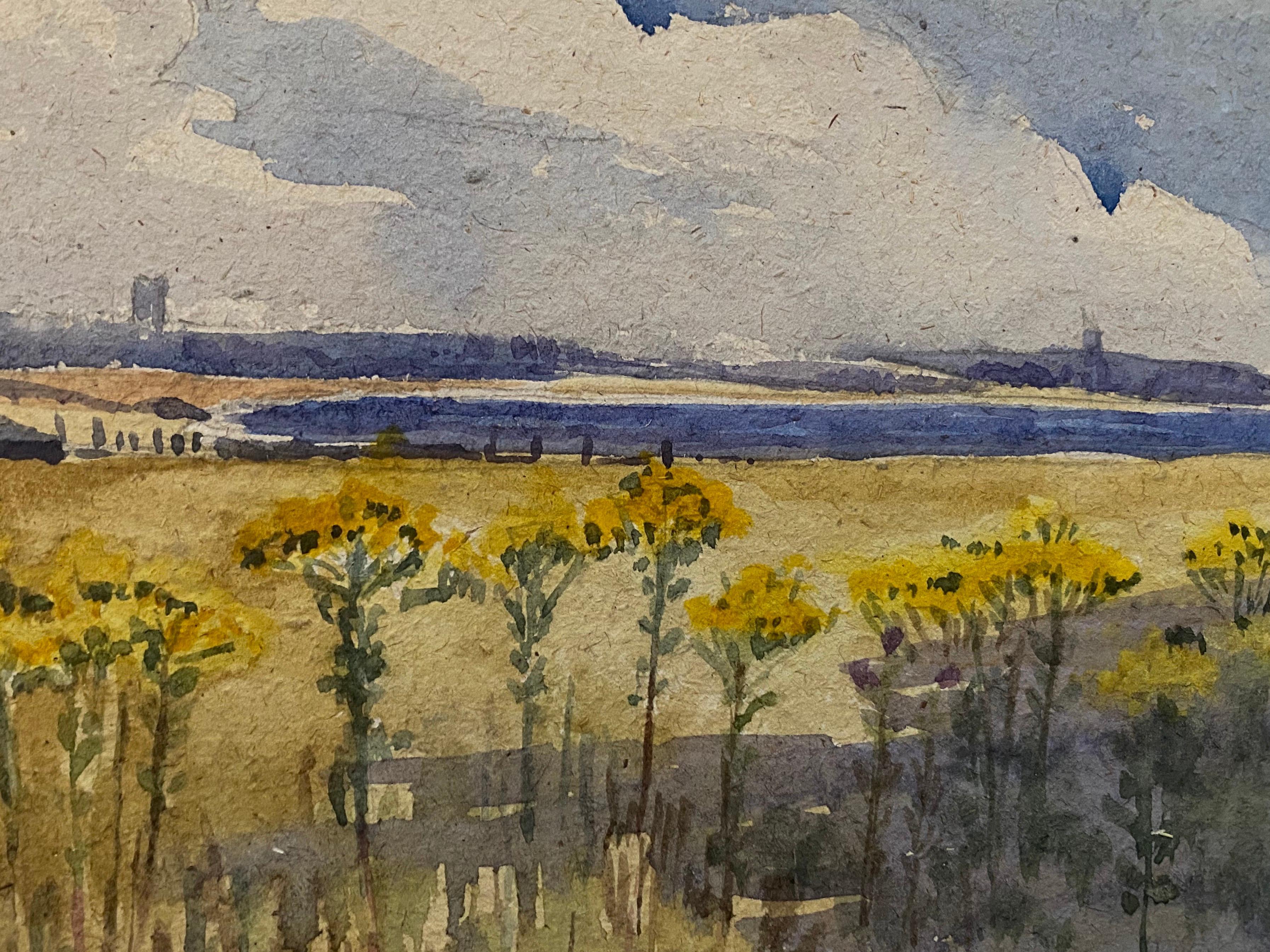 1900's English Impressionist Watercolor Painting Stunning Sunflowers Beach In Good Condition For Sale In Cirencester, GB