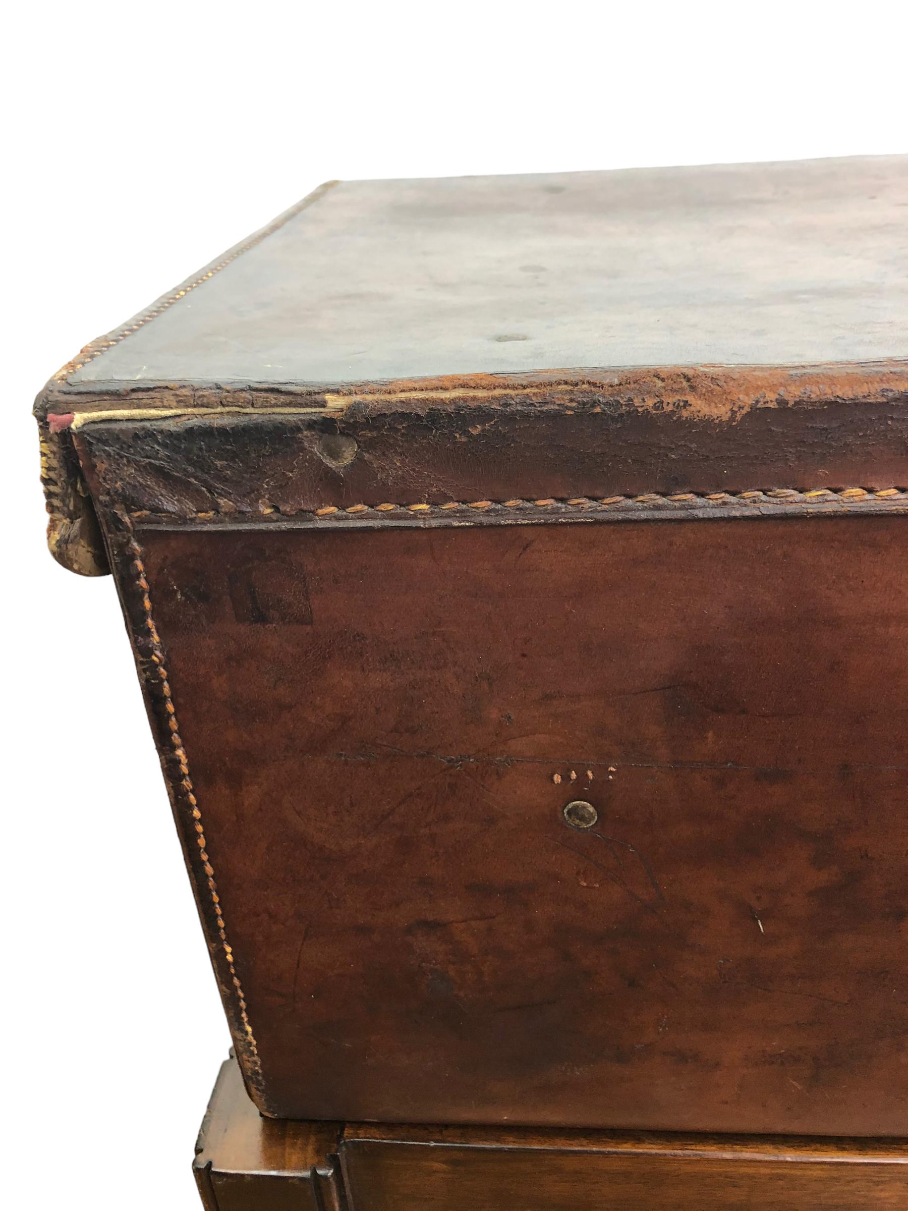 1900's English Leather Trunk on Stand In Good Condition For Sale In Chapel Hill, NC