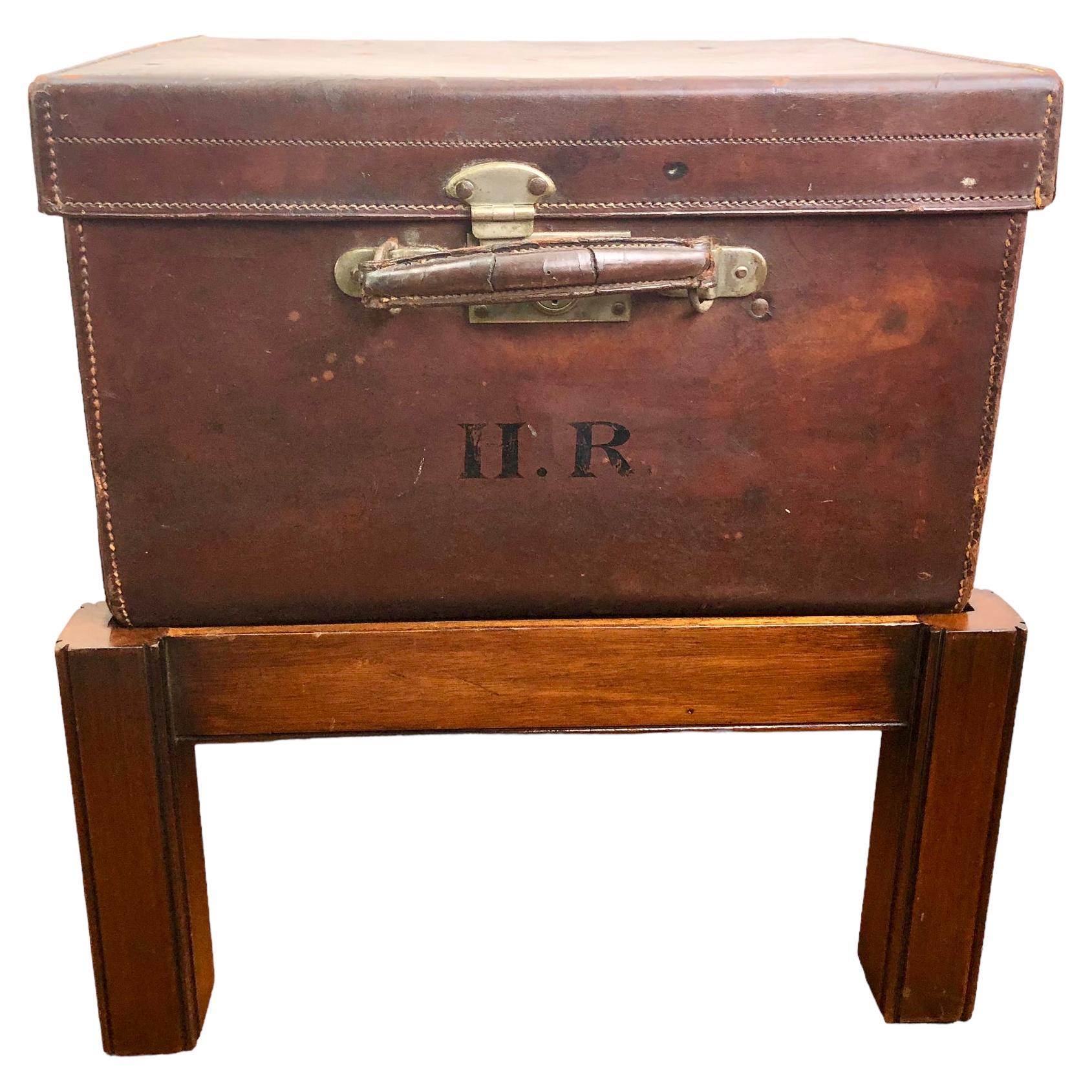 1900's English Leather Trunk on Stand For Sale