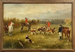 Large Antique English Signed Oil Painting - Fox Hunting Scene Horses & Hounds