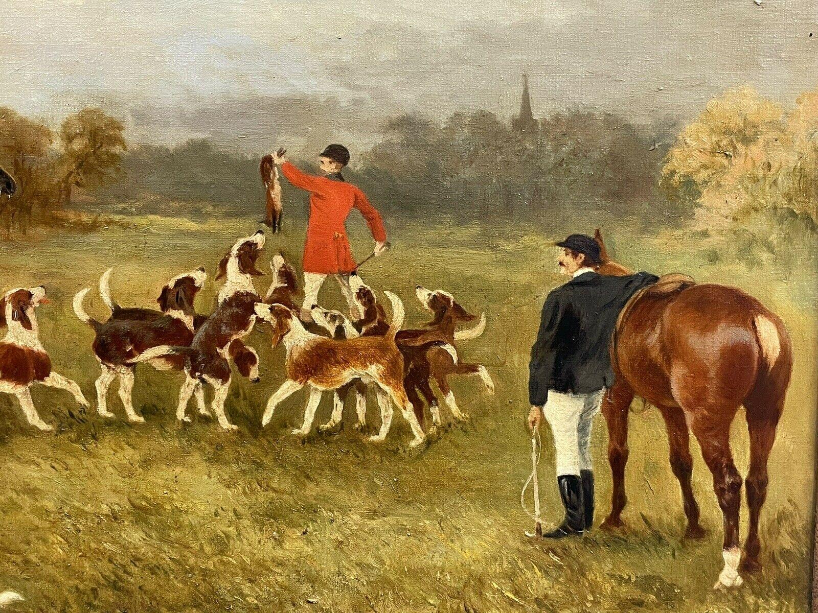 Large Antique English Signed Oil Painting - Fox Hunting Scene Horses & Hounds - Brown Landscape Painting by 1900's English