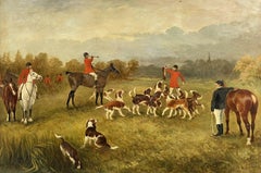 Large Antique English Signed Oil Painting - Fox Hunting Scene Horses & Hounds