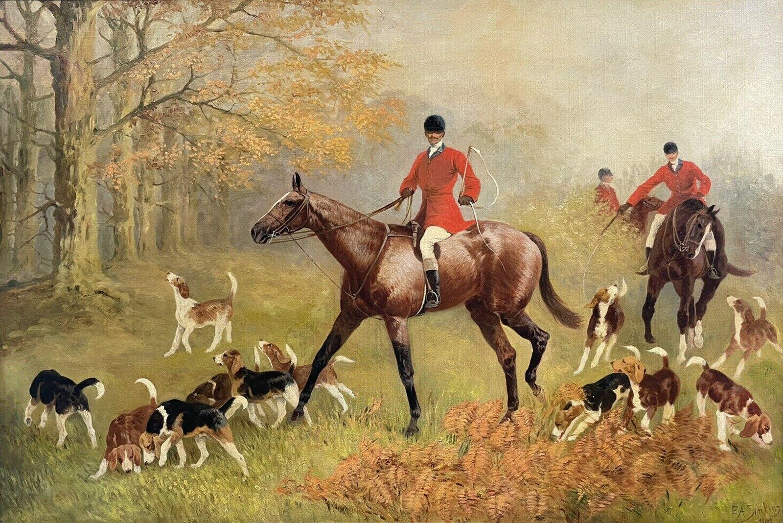 1900's English Animal Painting - Large Antique English Signed Oil Painting - Huntsman on Horseback with Hounds