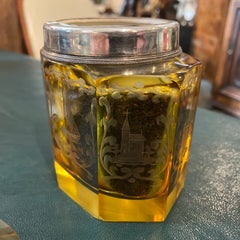 1900s Engraved Yellow Glass and Sterling Silver Tea Caddie