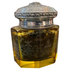 Caddie à thé en verre jaune gravé et argent sterling des années 1900