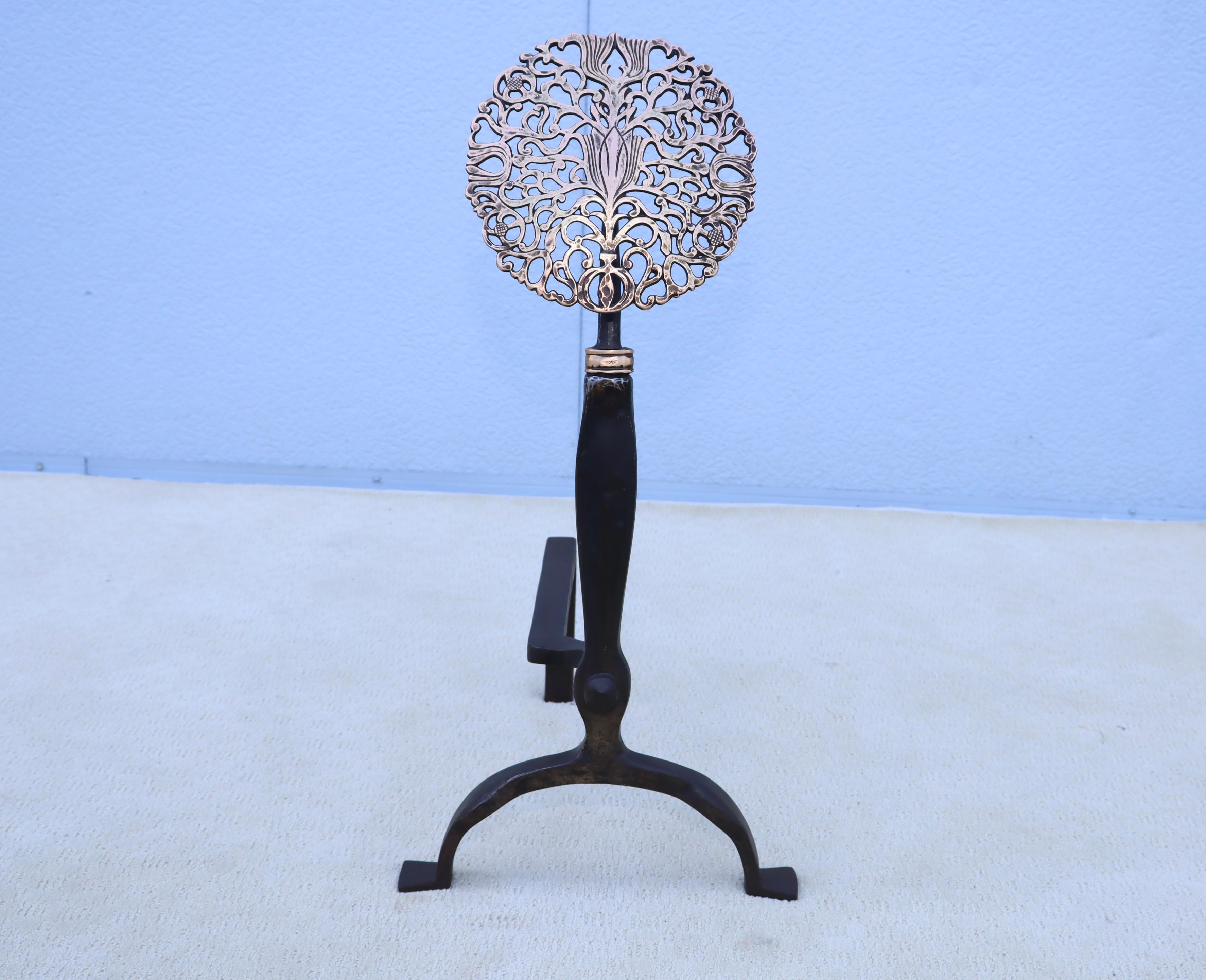 1900's Ernest Gimson Style Brass And Iron Andirons For Sale 8