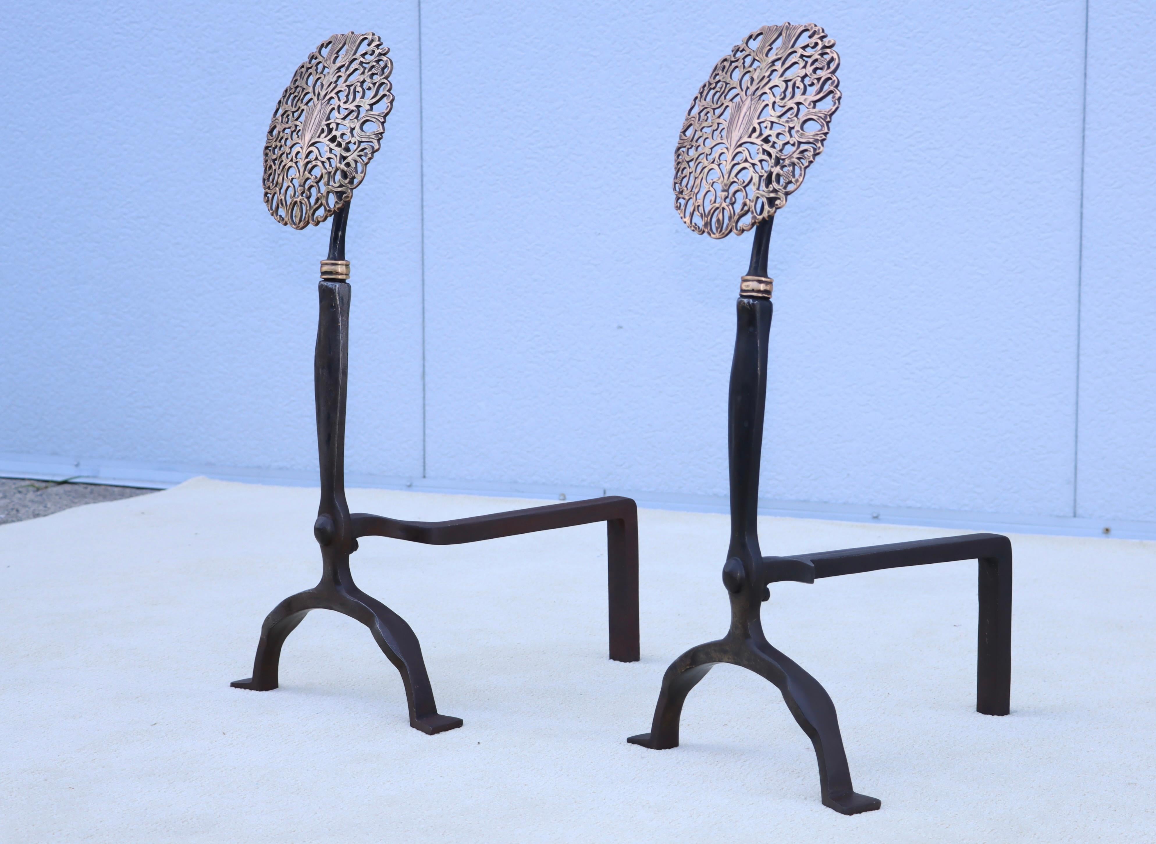 Mid-Century Modern 1900's Ernest Gimson Style Brass And Iron Andirons For Sale