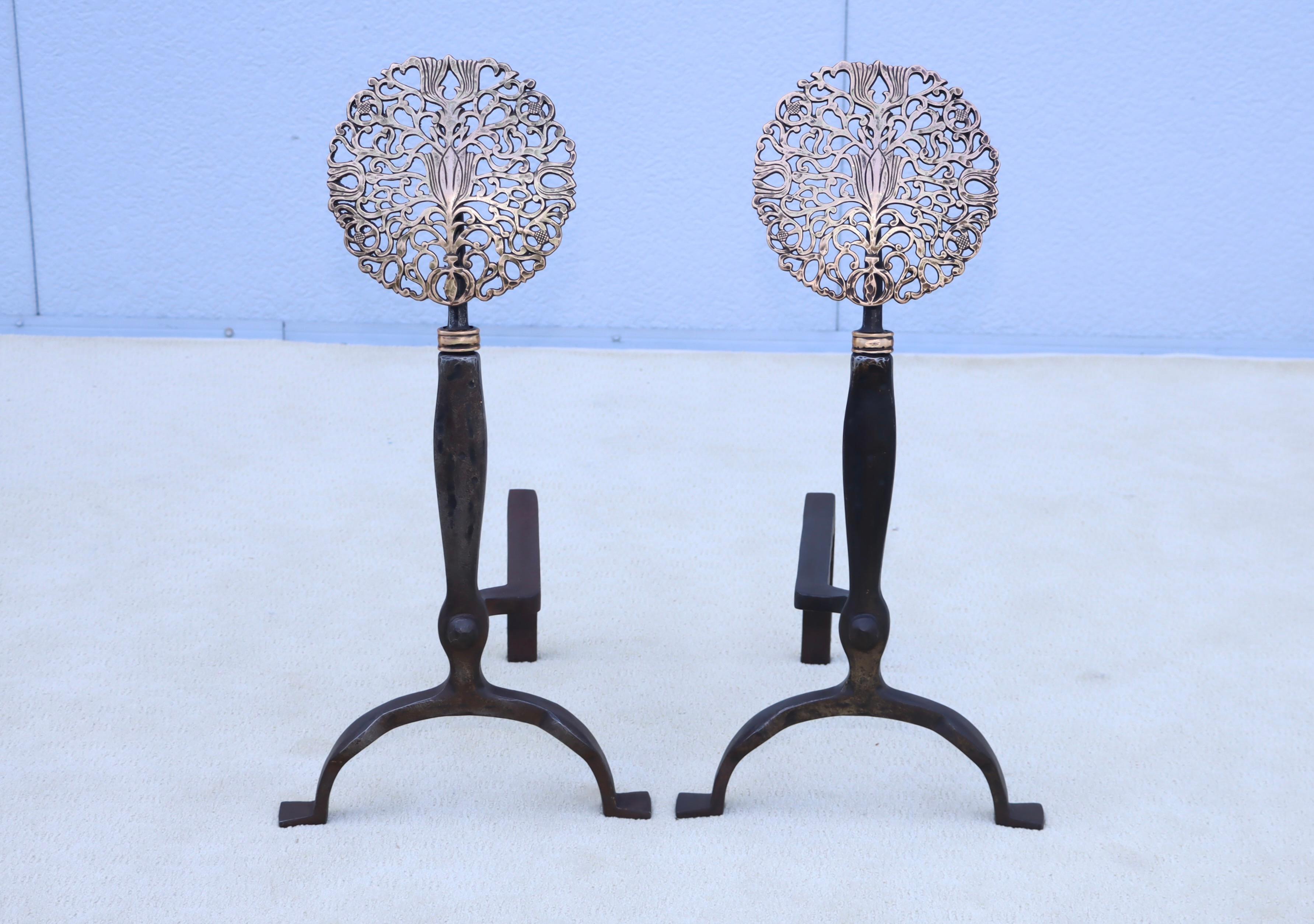 American 1900's Ernest Gimson Style Brass And Iron Andirons For Sale