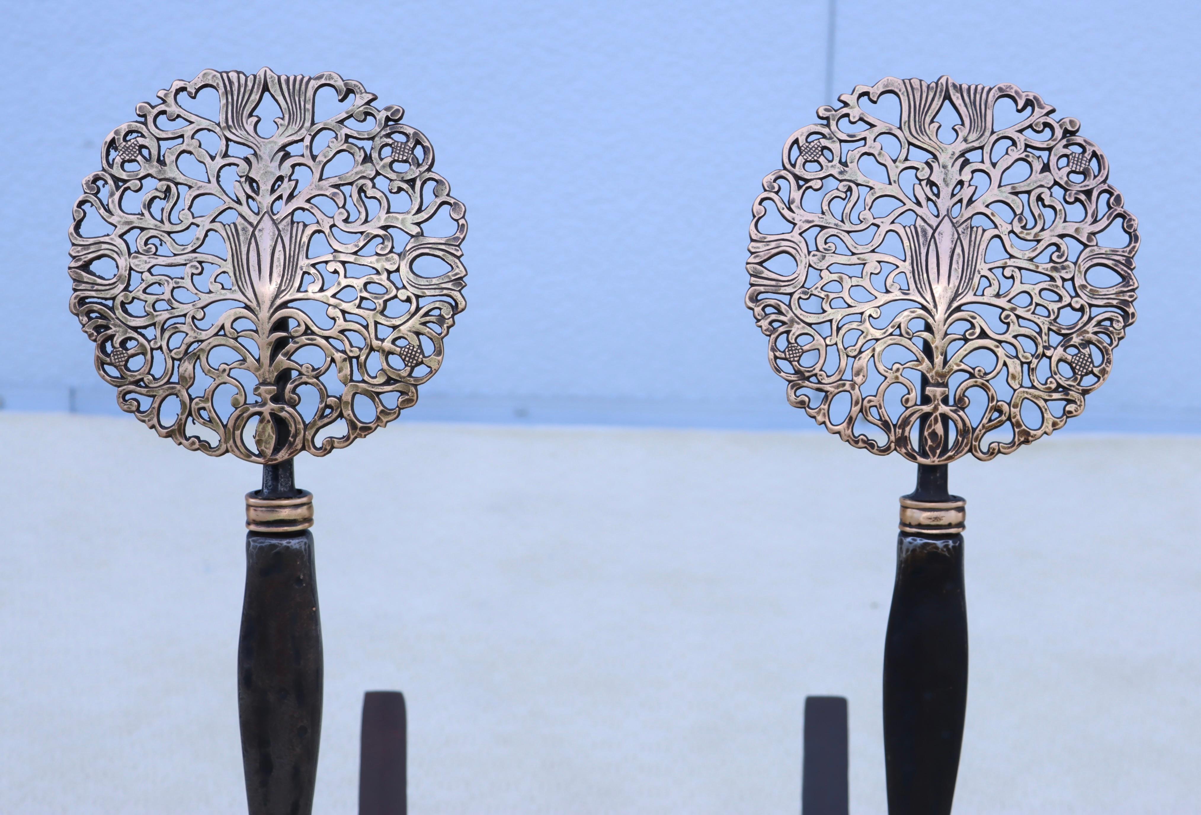 1900's Ernest Gimson Style Brass And Iron Andirons In Good Condition For Sale In New York, NY
