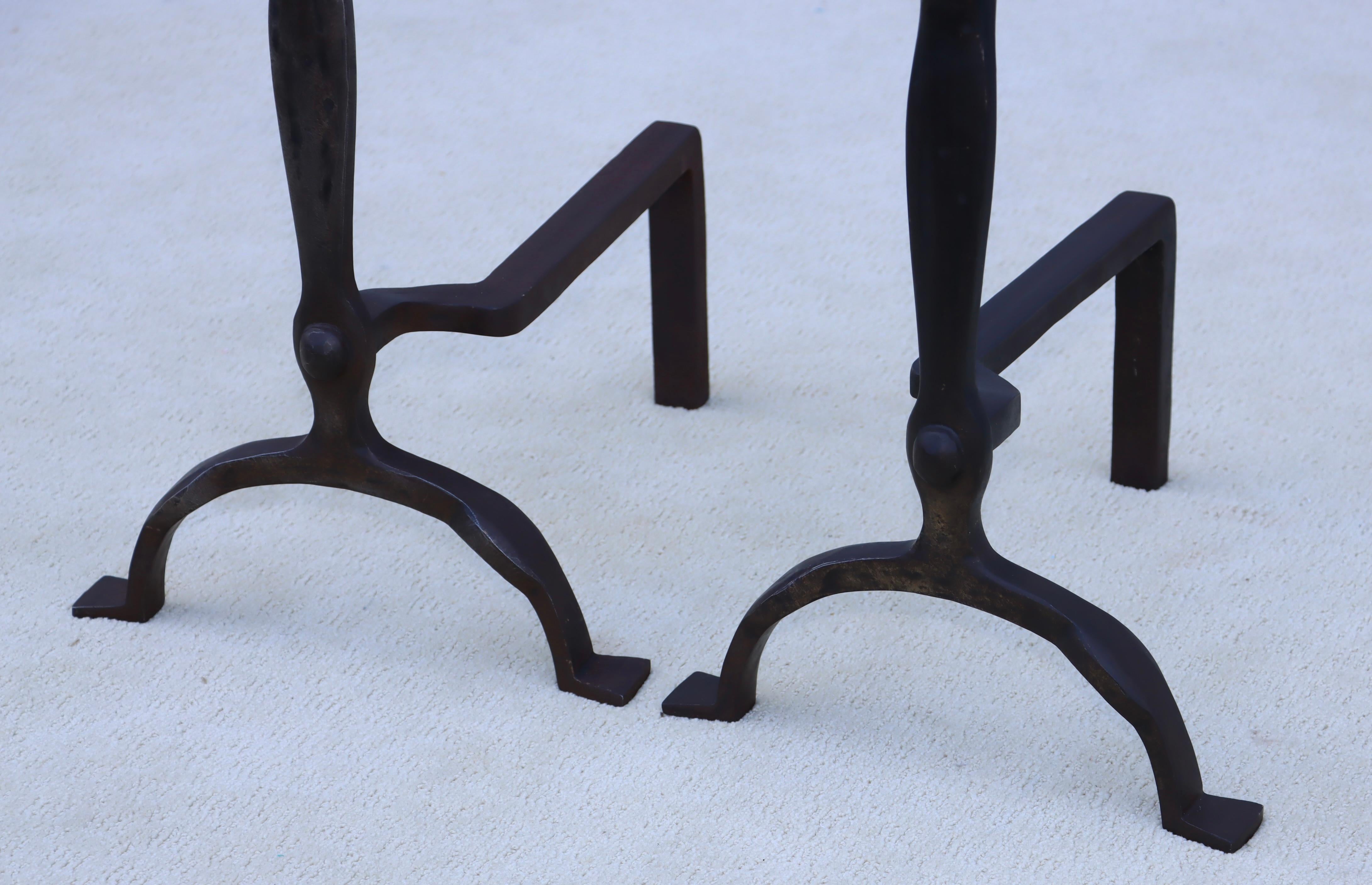 Early 20th Century 1900's Ernest Gimson Style Brass And Iron Andirons For Sale