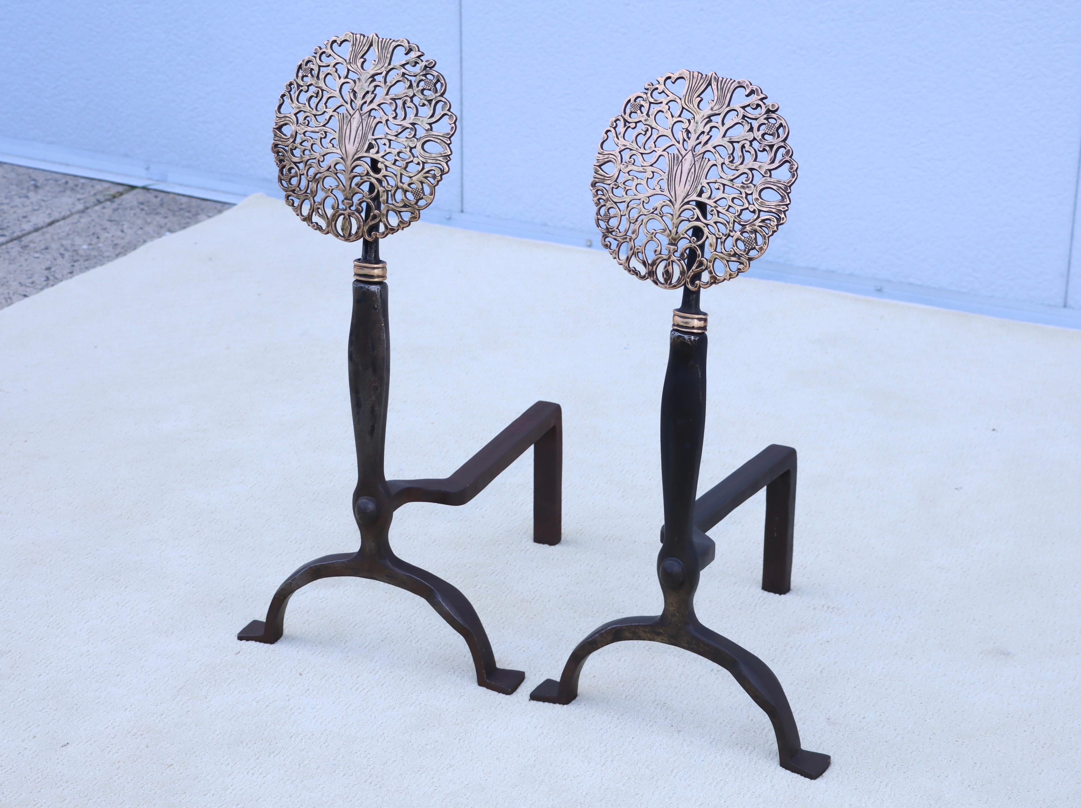 1900's Ernest Gimson Style Brass And Iron Andirons For Sale 1