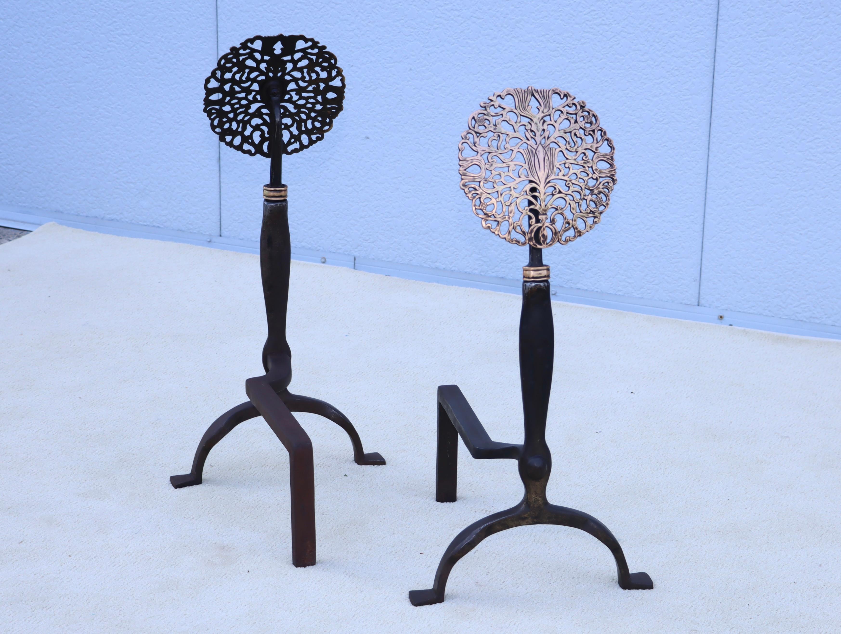 1900's Ernest Gimson Style Brass And Iron Andirons For Sale 2