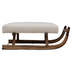 Antique 1900s European Wooden Bench With Upholstered Seat