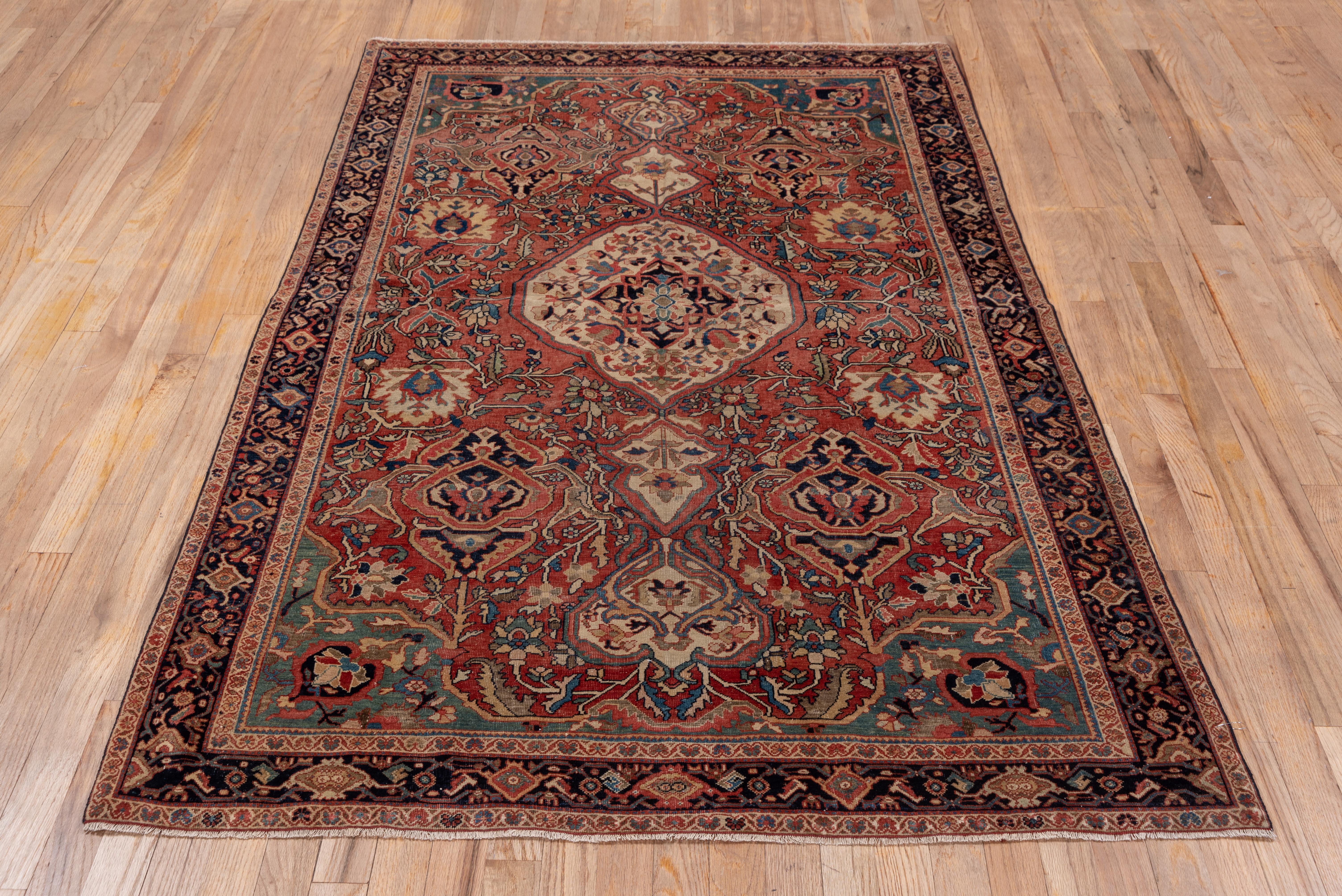 Hand-Knotted 1900s Fine Antique Persian Farahan Sarouk Rug, Soft Red Field & Blue Subfield For Sale