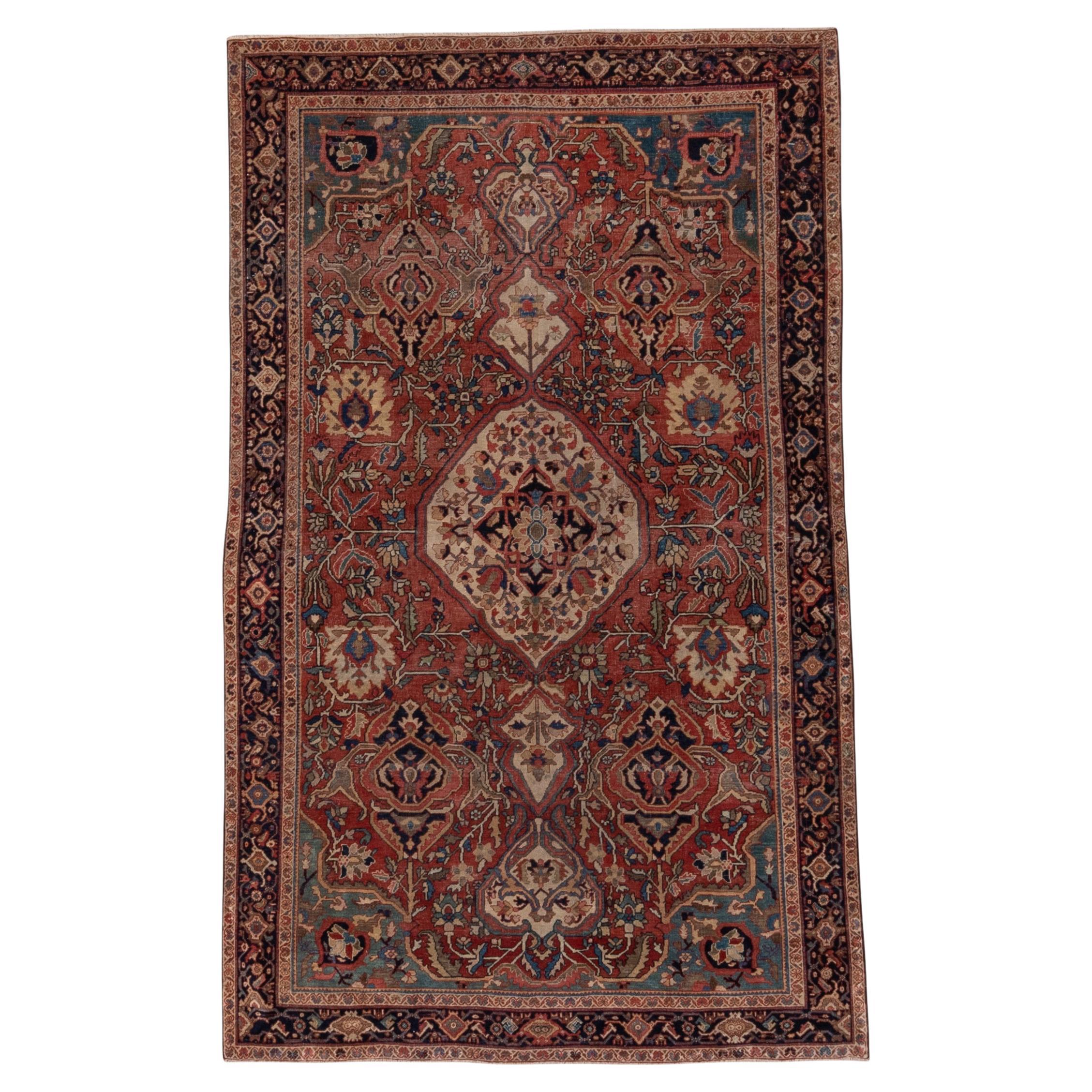 1900s Fine Antique Persian Farahan Sarouk Rug, Soft Red Field & Blue Subfield For Sale