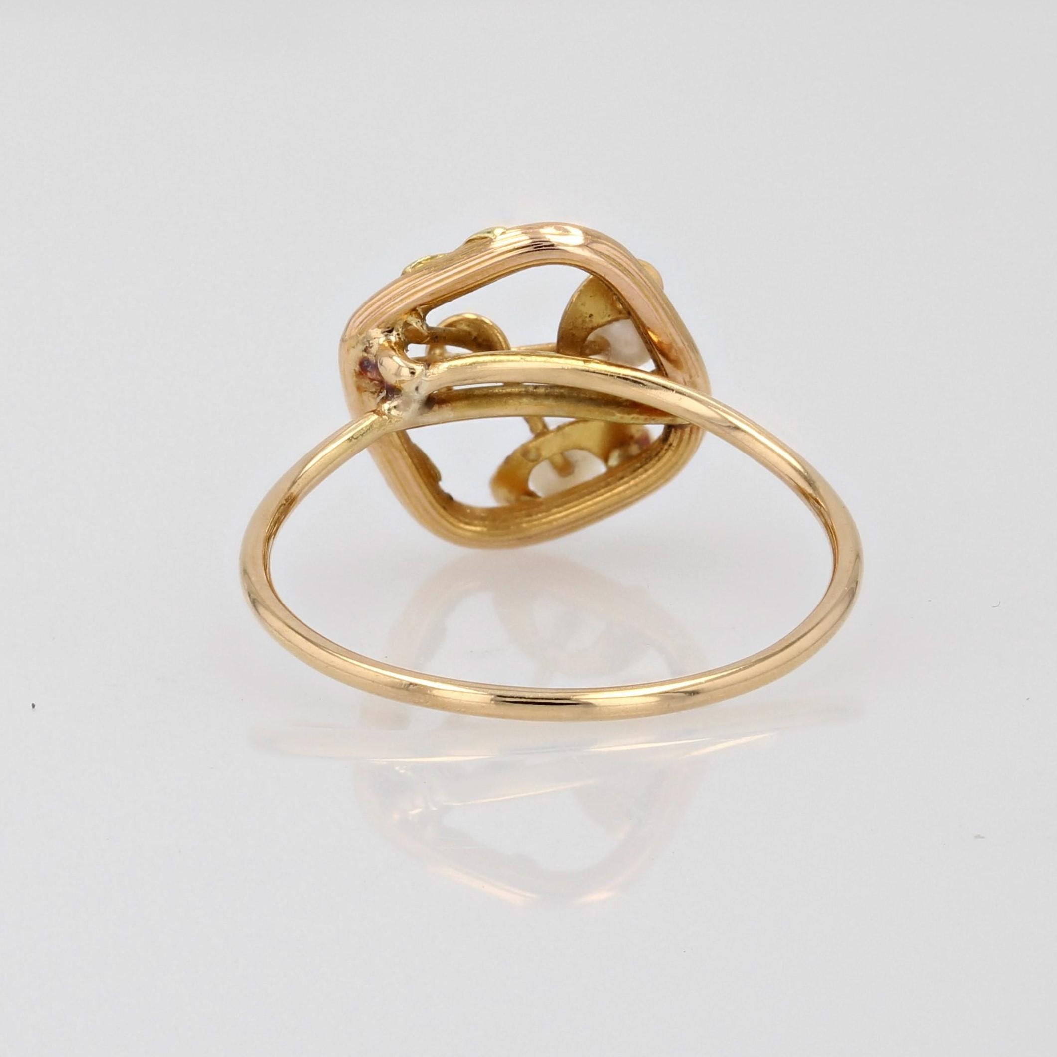 Women's 1900s Fine Pearl 18 Karat Yellow Rose Gold Openwork Lozenge Shape Ring For Sale