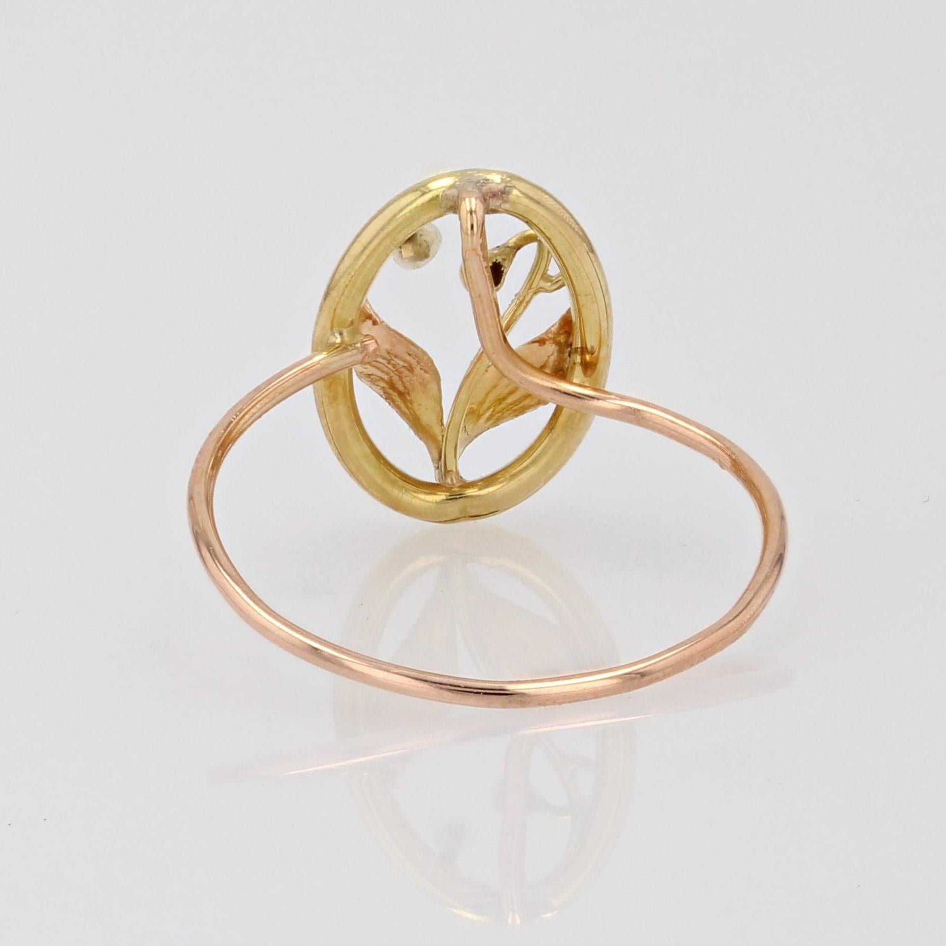 Women's 1900s Fine Pearl 18 Karat Yellow Rose Gold Openwork Oval Shape Ring For Sale
