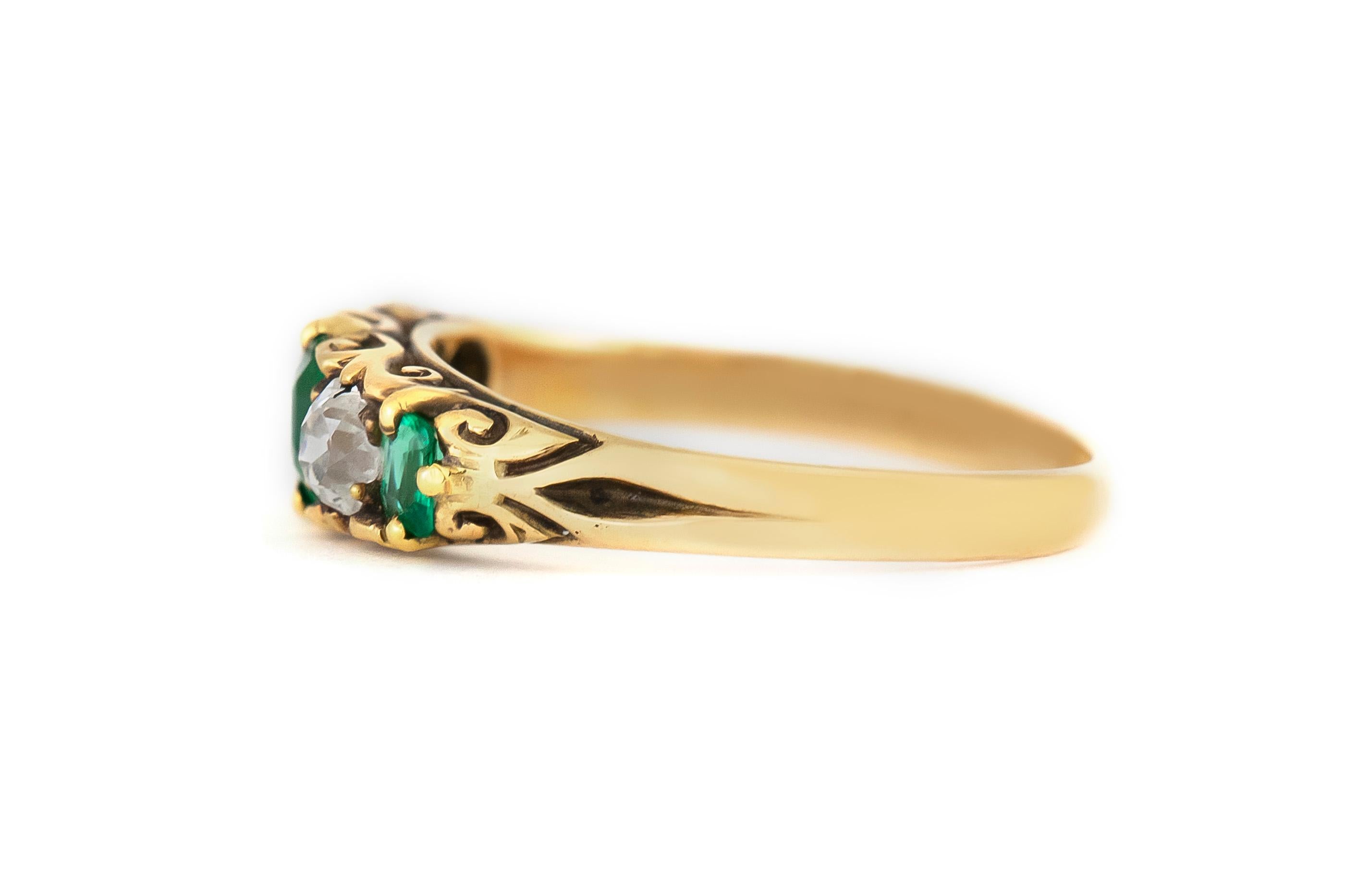 The ring is finely crafted in 18k yellow gold with three emeralds weighing approximately total of 1.20carat and diamonds weighing aapproximately total of 0.80 carat.
Circa 1900.
