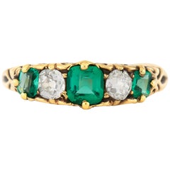1900s Five Stones Emeralds with Diamonds Ring Antique 1900s Five Stones Emeralds with Diamonds Ring