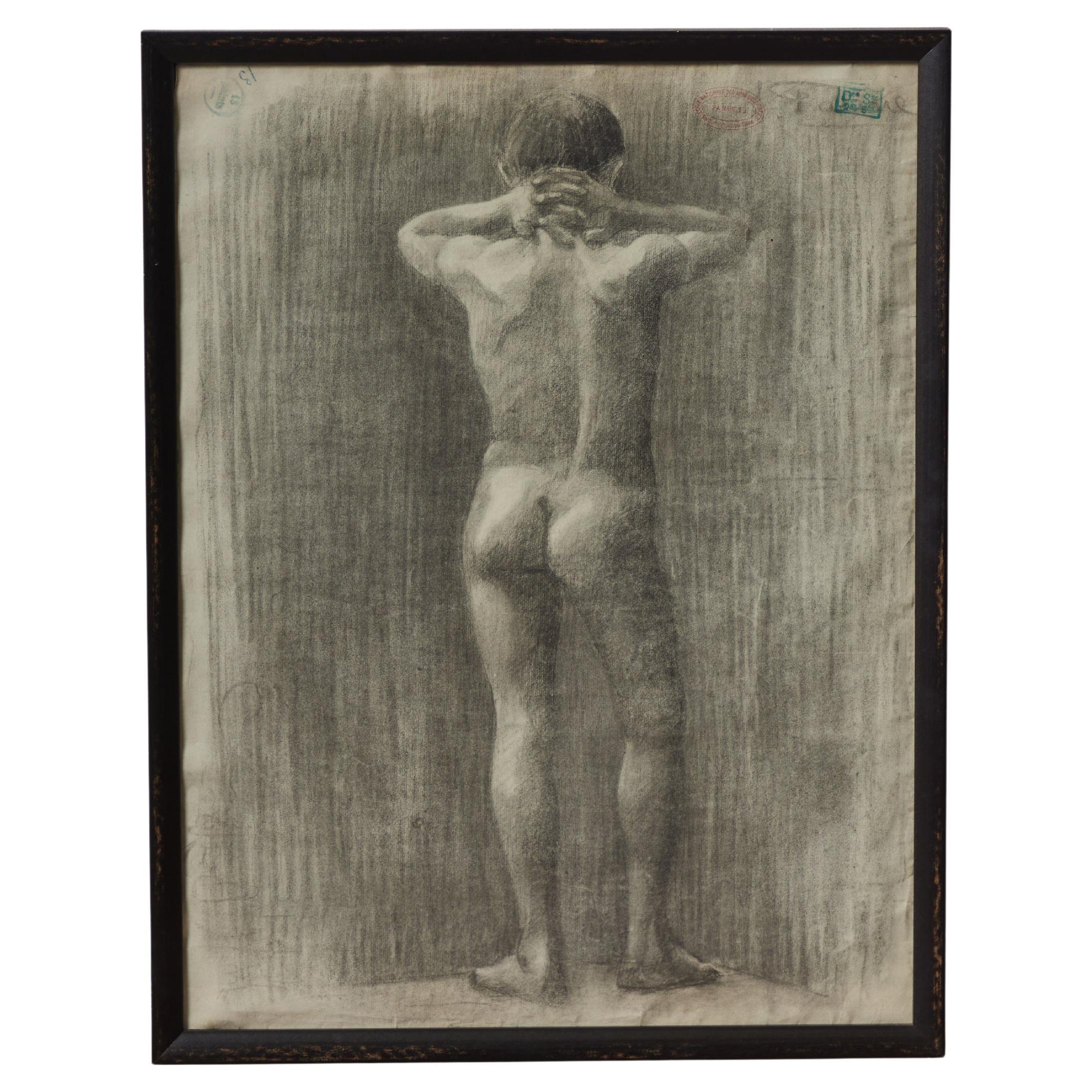 1900s French Academic Charcoal Drawing  For Sale