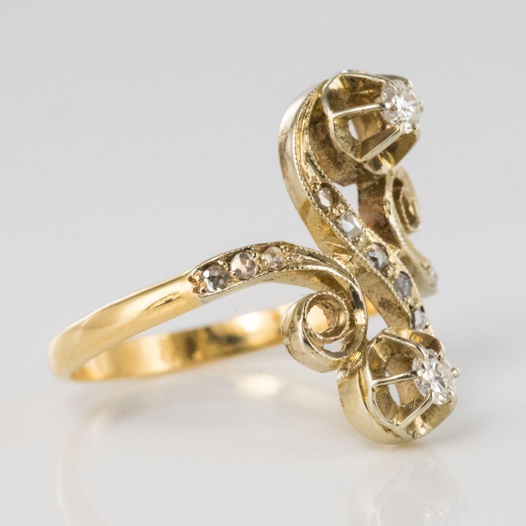 1900s French Art Nouveau Antique Diamond Two Gold S-Shaped Ring 3
