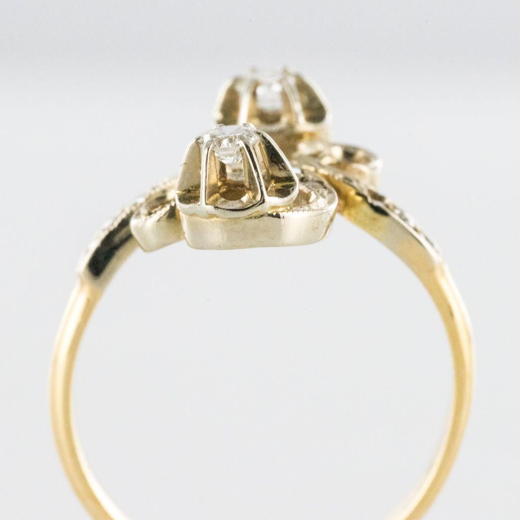 1900s French Art Nouveau Antique Diamond Two Gold S-Shaped Ring In Excellent Condition In Poitiers, FR