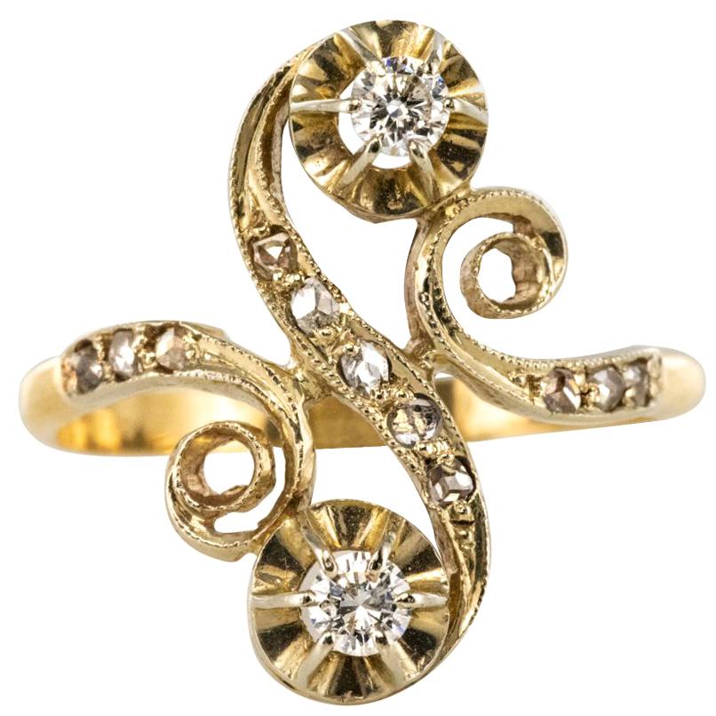1900s French Art Nouveau Antique Diamond Two Gold S-Shaped Ring