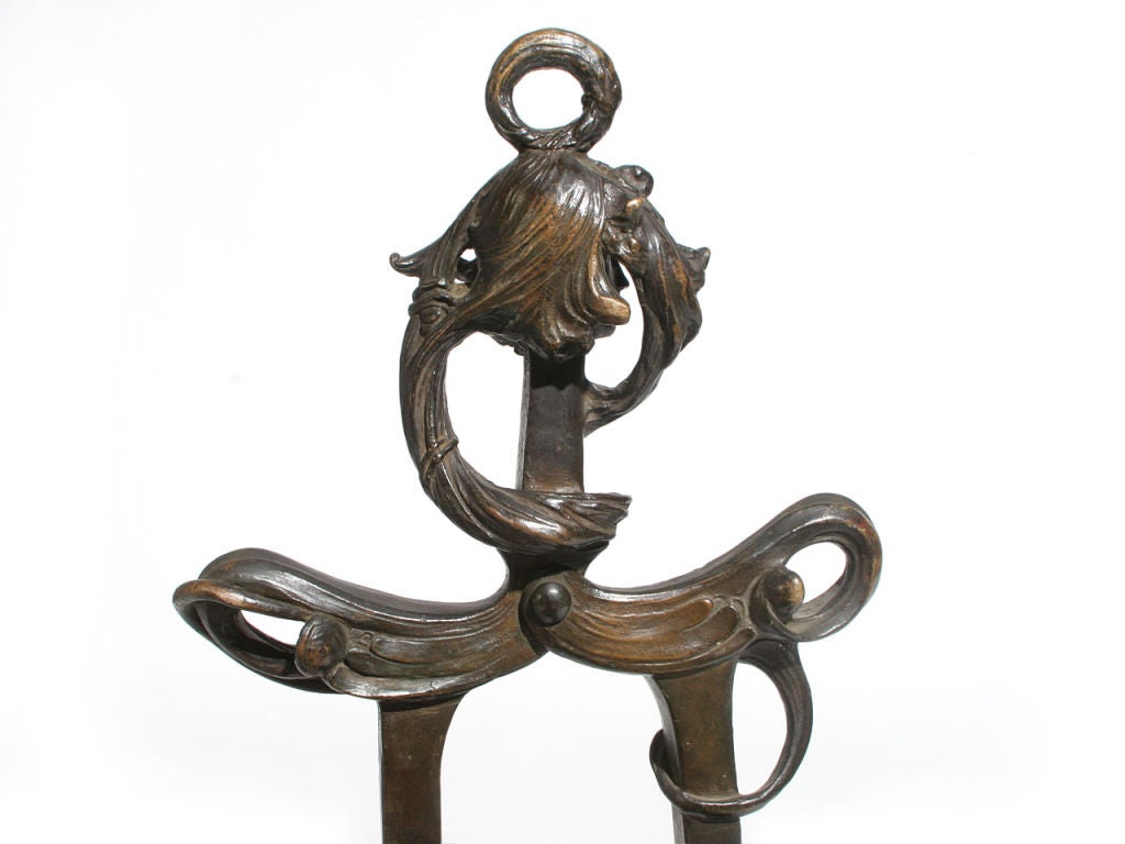 1900s French Art Nouveau Bronze Fire Tong Sculpture by Henri Louis Levasseur For Sale 1