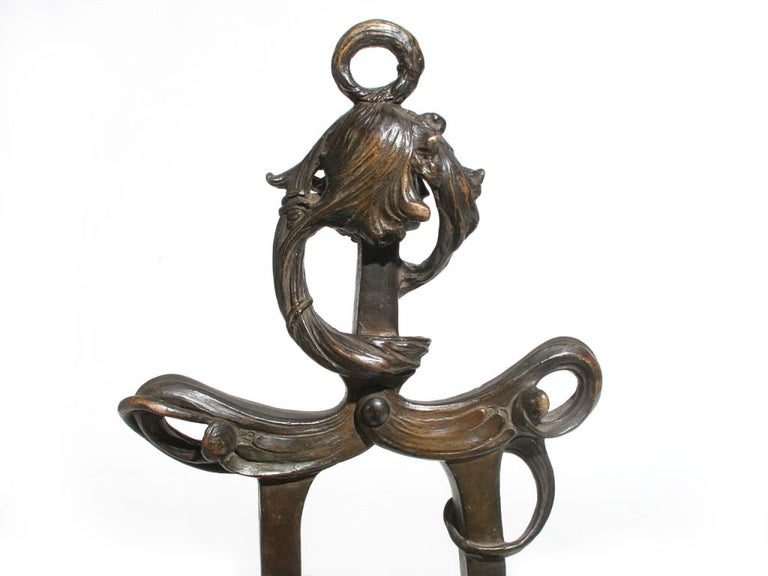 1900s French Art Nouveau Bronze Fire Tong Sculpture by Henri Louis Levasseur For Sale 2