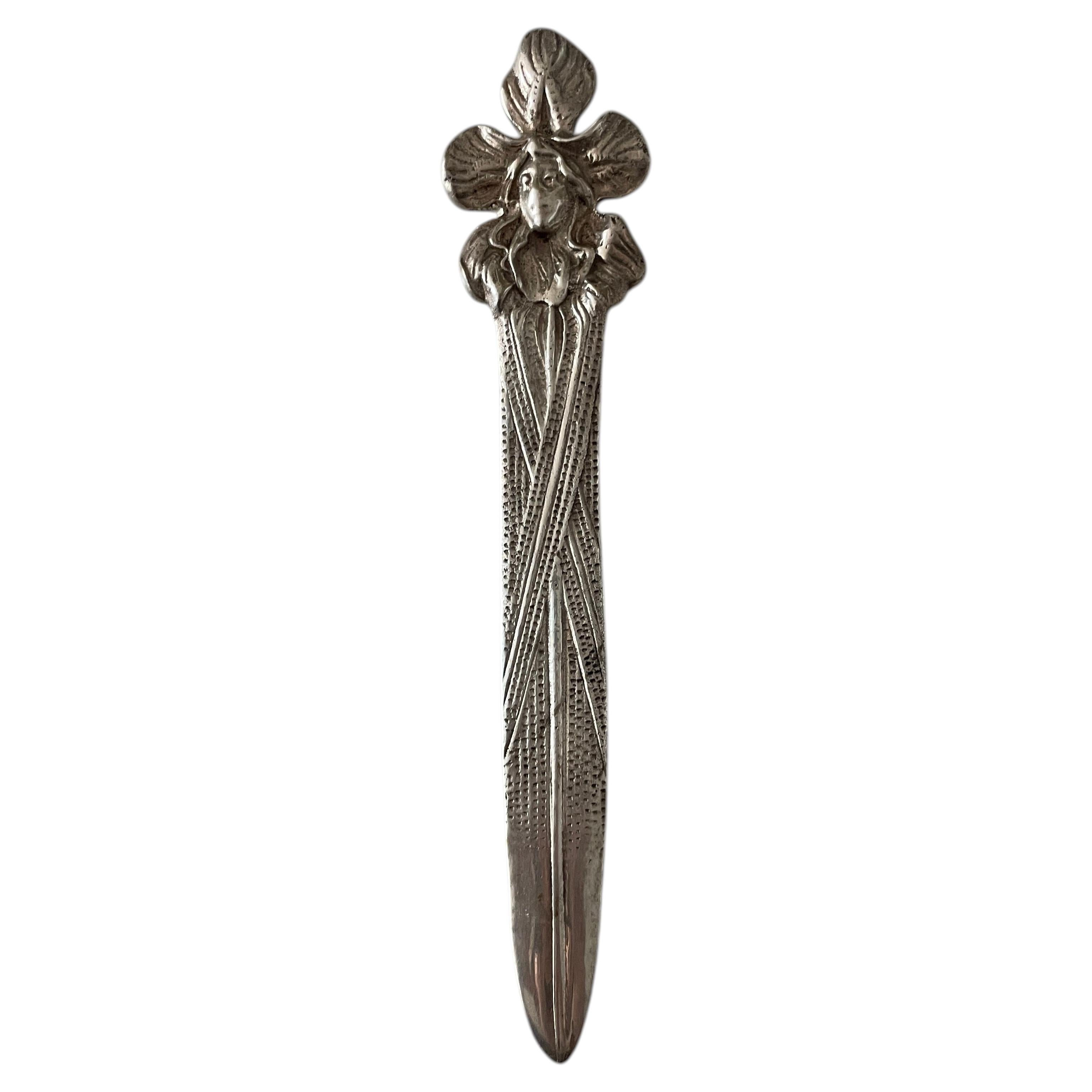 1900s French Art Nouveau Iris & Maiden Heavy Silver Plated Letter Opener
