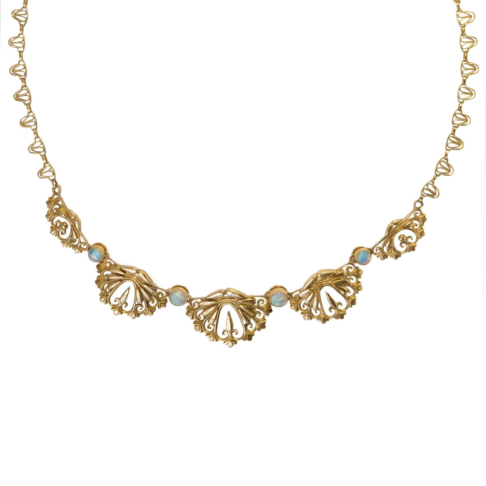 1900s French Art nouveau Opal Gold Drapery Necklace 