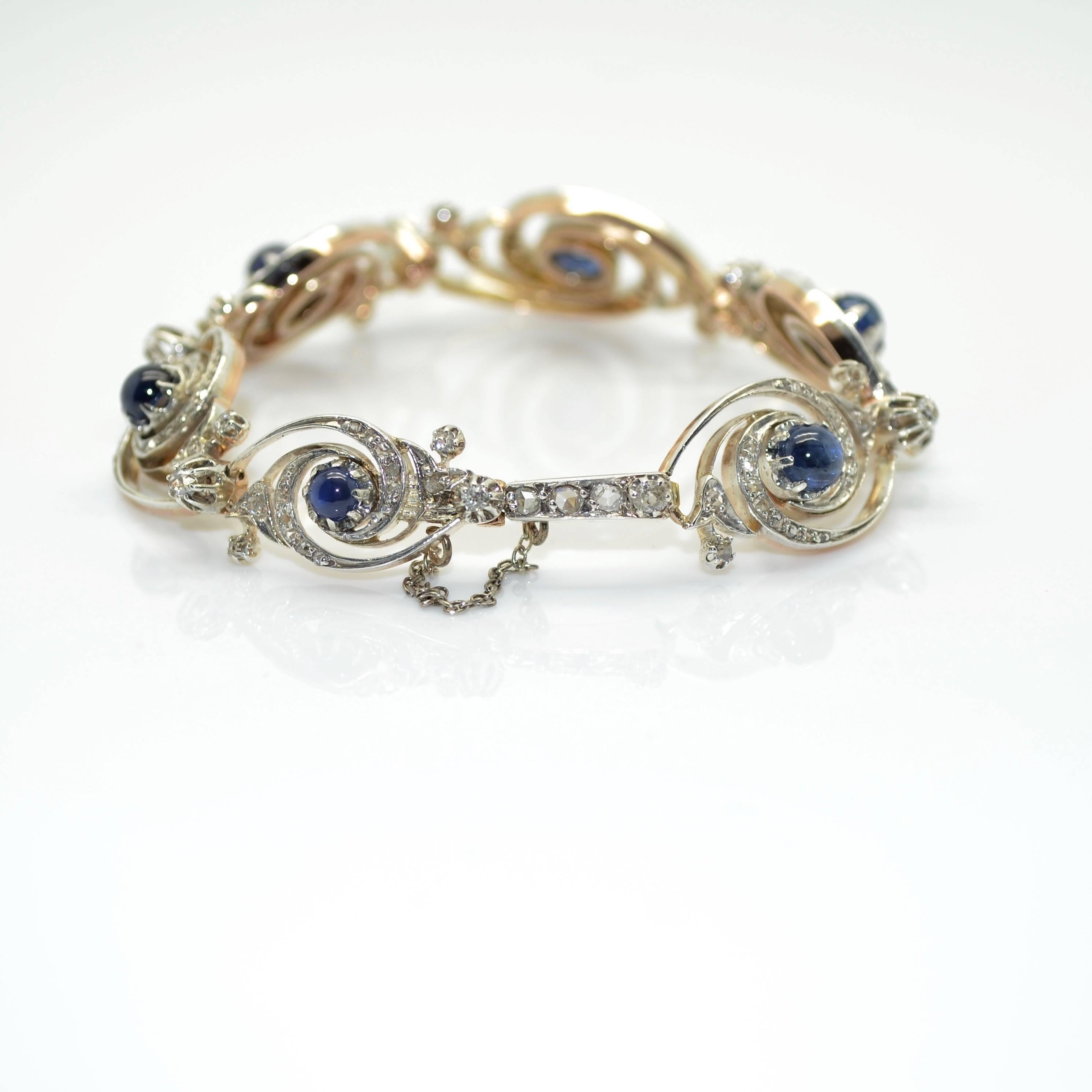 French Art-Nouveau platinum bracelet, circa 1900
The back is made of 18k pink gold.
It has been designed by Emile Olive (Maison Fonsèque et Olive).
This rare bracelet weighting 29g has French assay mark (dog’s head).
Six beautiful sapphires
